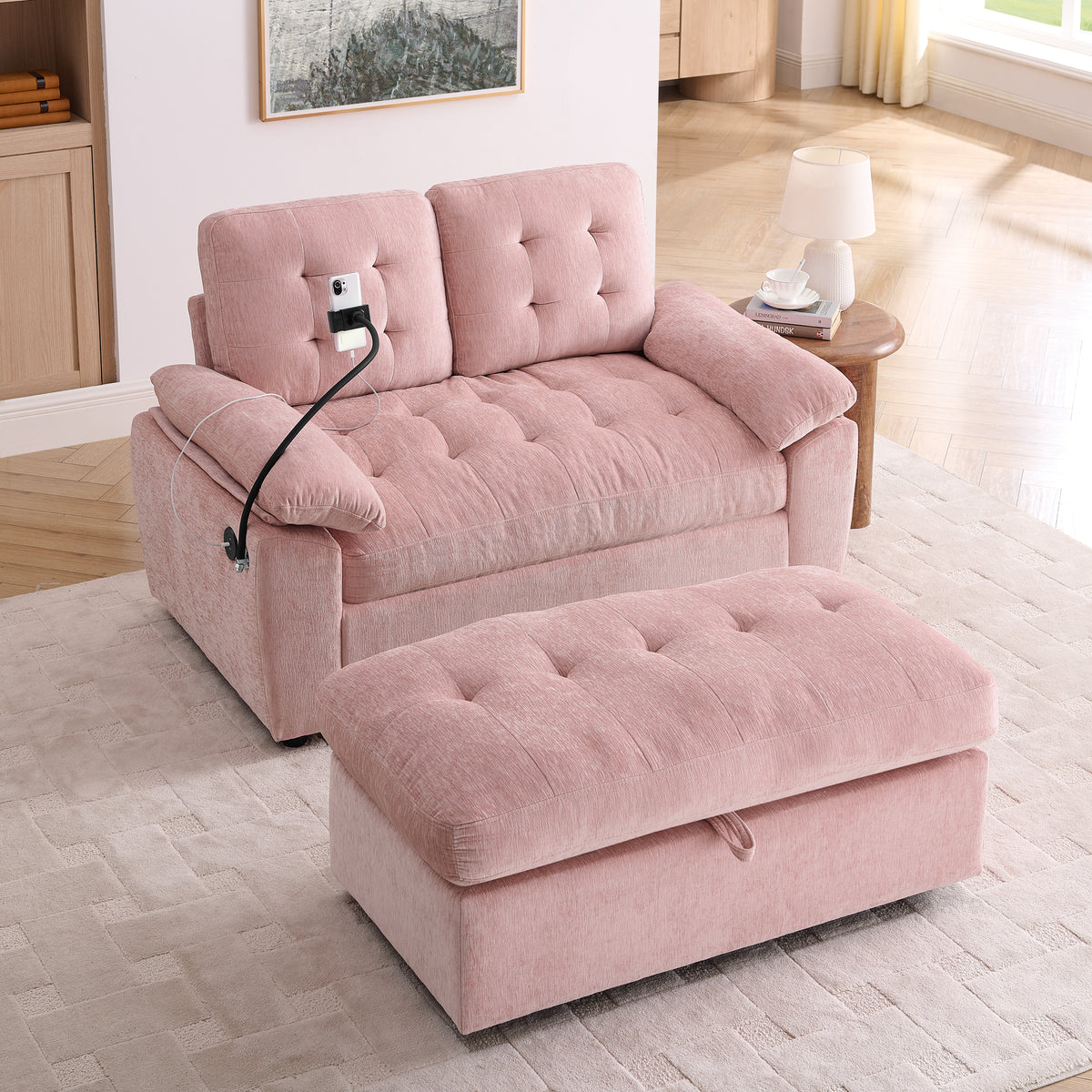 Pink Chenille Recliner, USB Charging