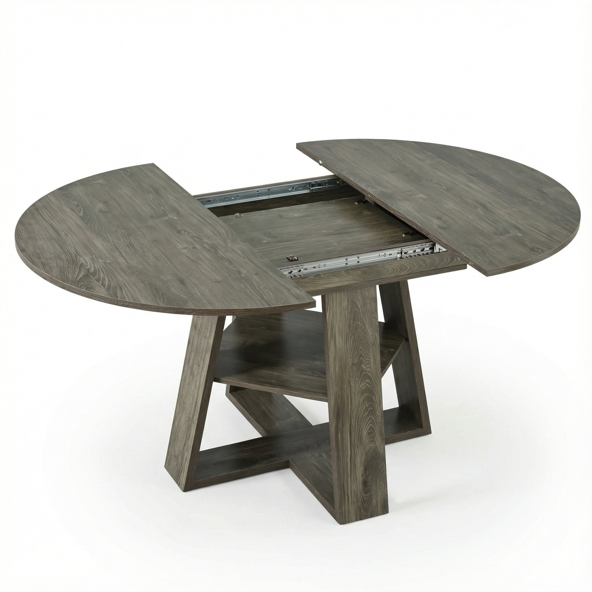 Studio view of the gray tabletop split apart to show the metal slide rails