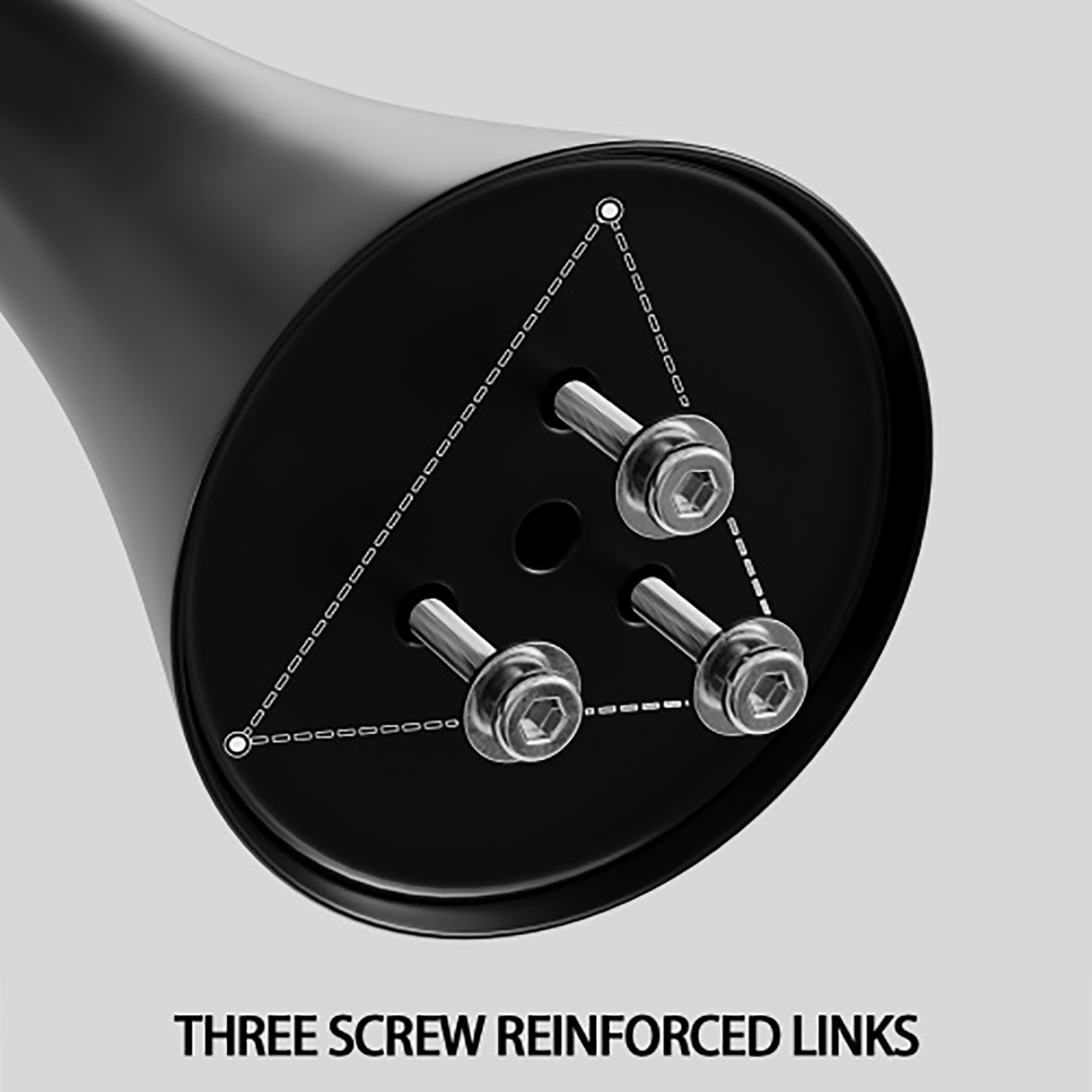 Close-up of three reinforced screws inside the black pedestal base of the round dining table