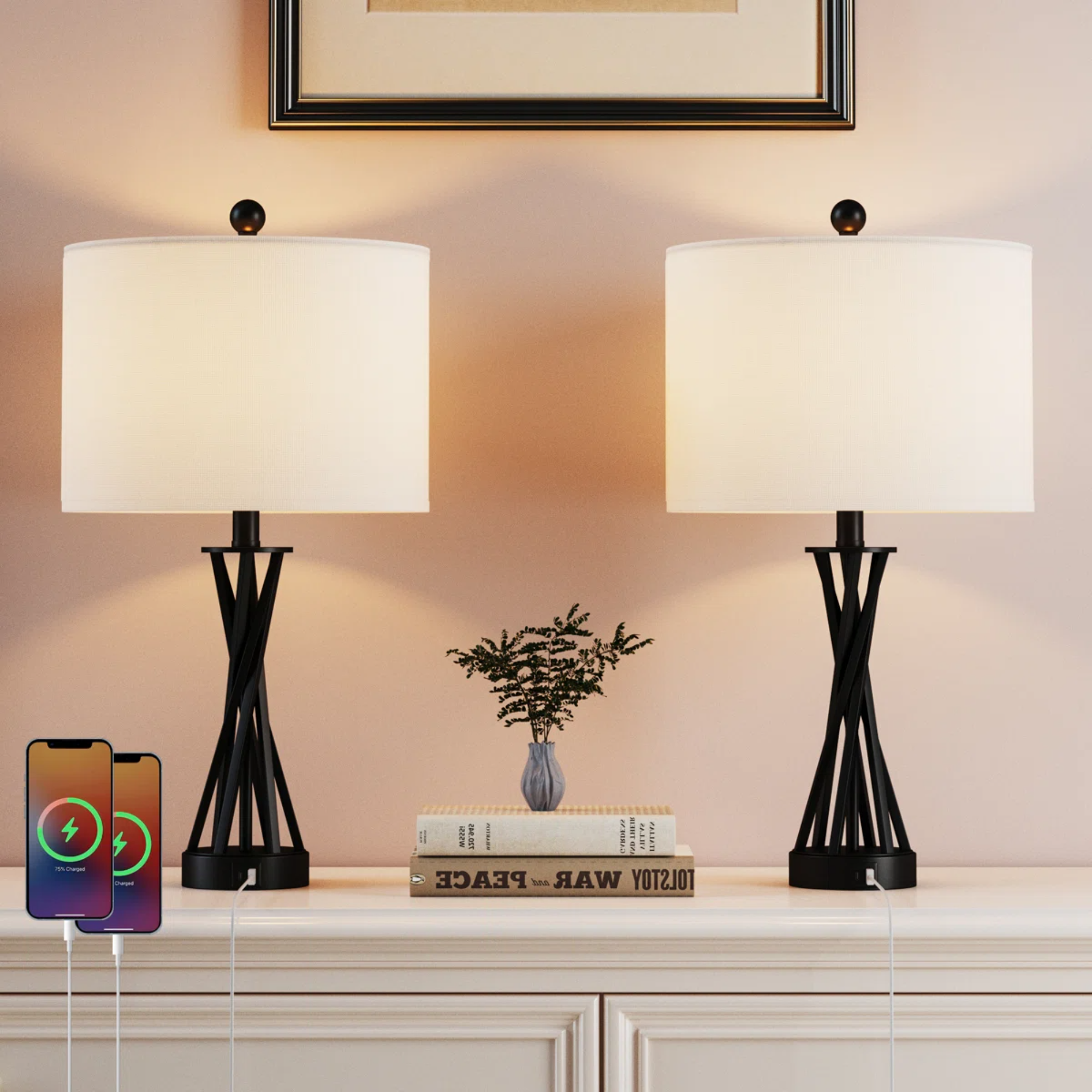 Table Lamp Set of 2, Linen Shade, USB Charging Port, Black