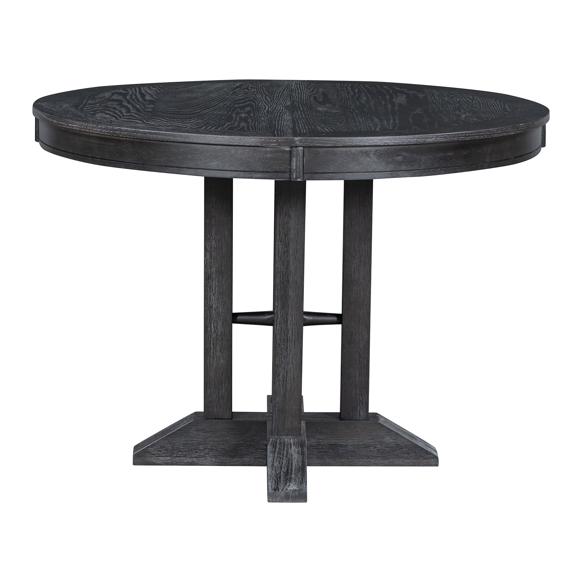 Black round dining table unextended, front view on white studio background