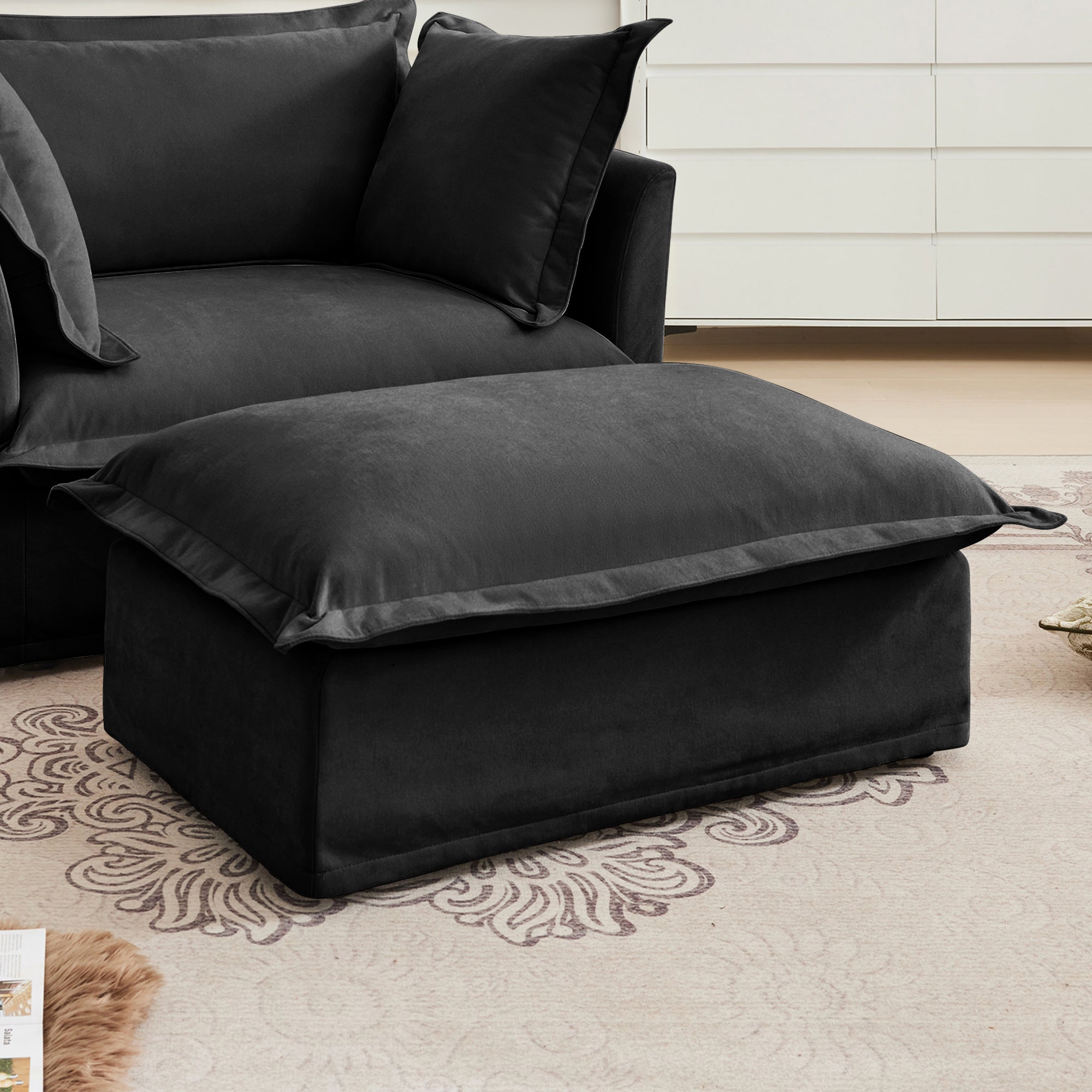 Fluffy Ottoman in Chenille Black #Fabric_Chenille Black