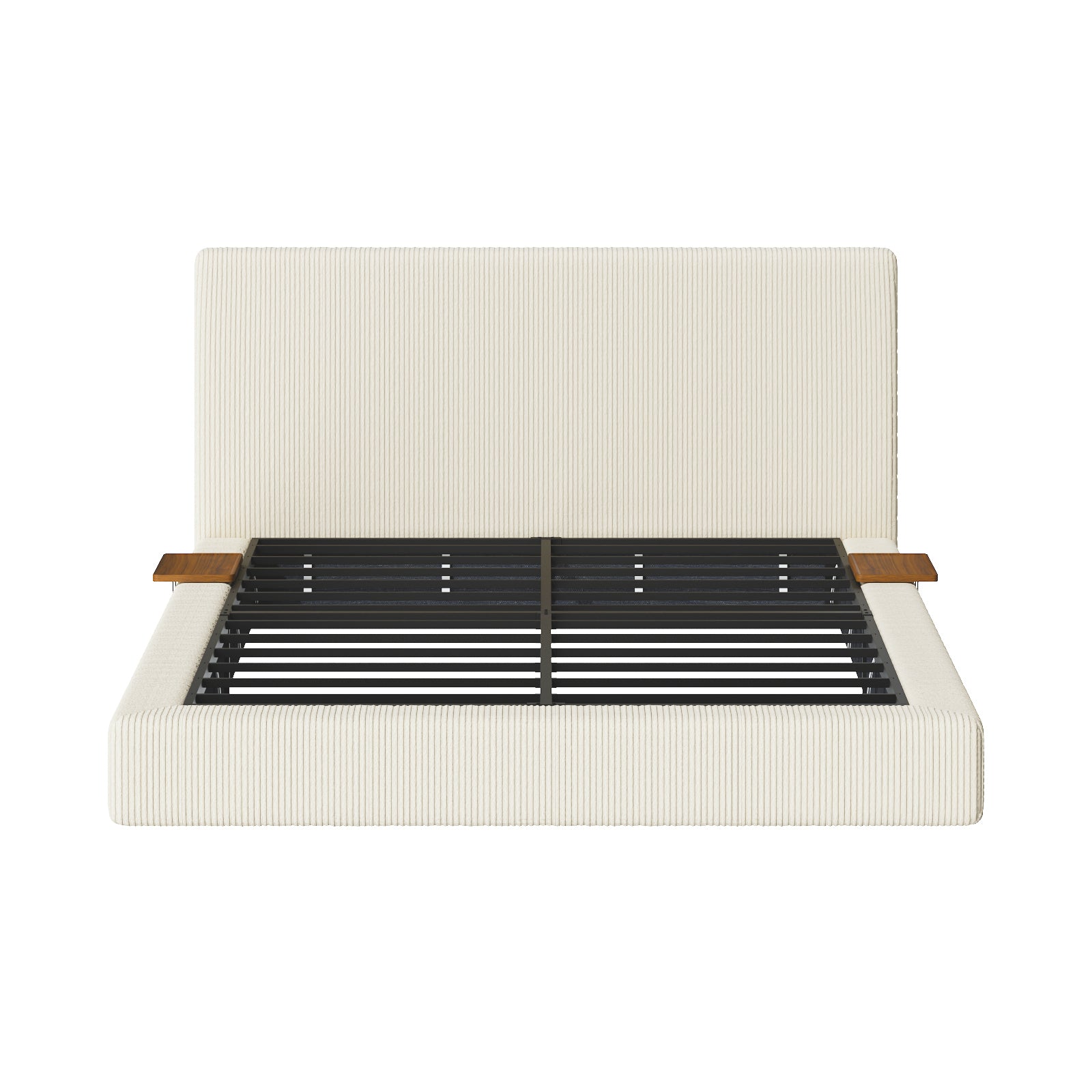 Front view of the bare corduroy queen bed frame showing the steel slat base and two wood sliding shelves