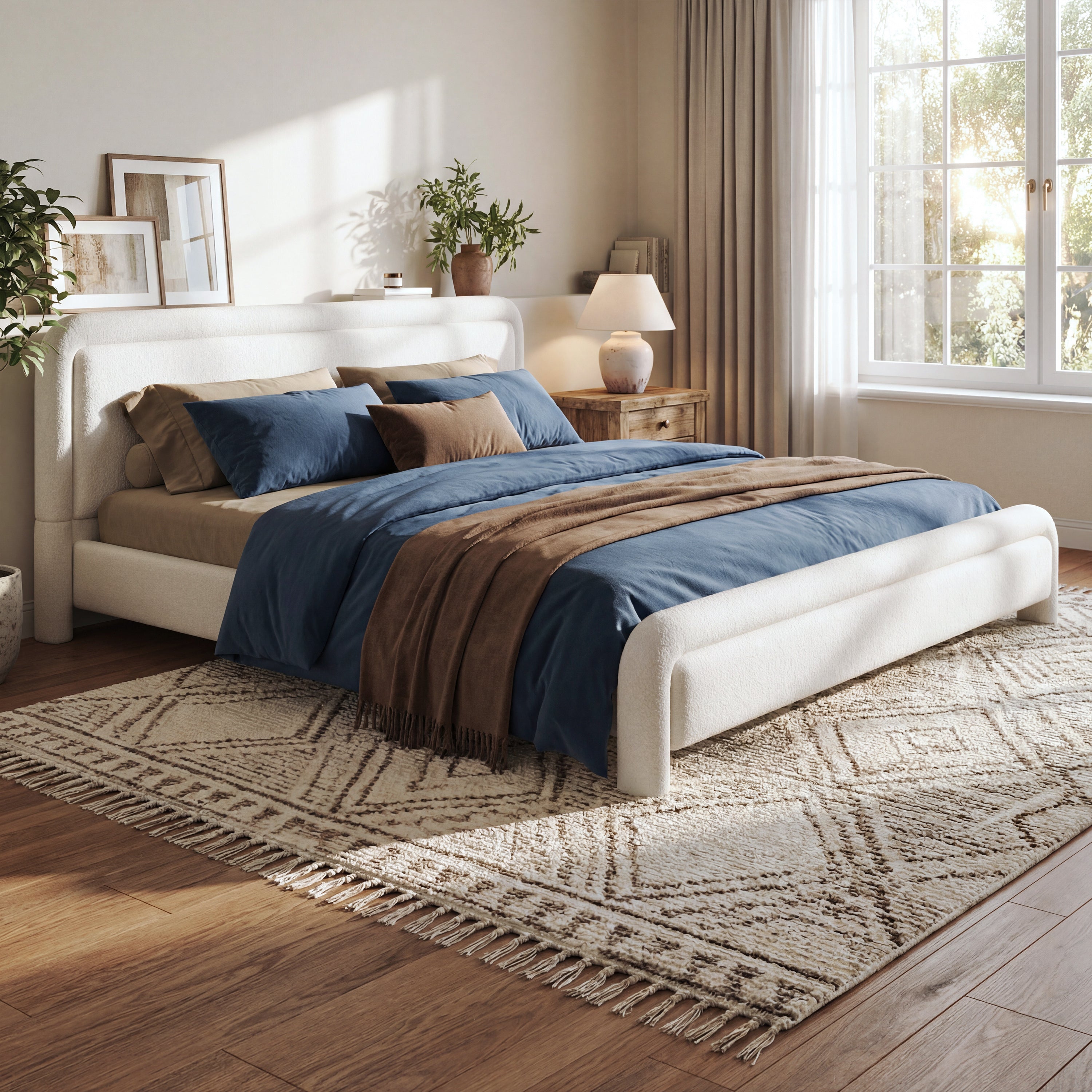 White boucle king bed in sunlit bedroom with blue and brown linens