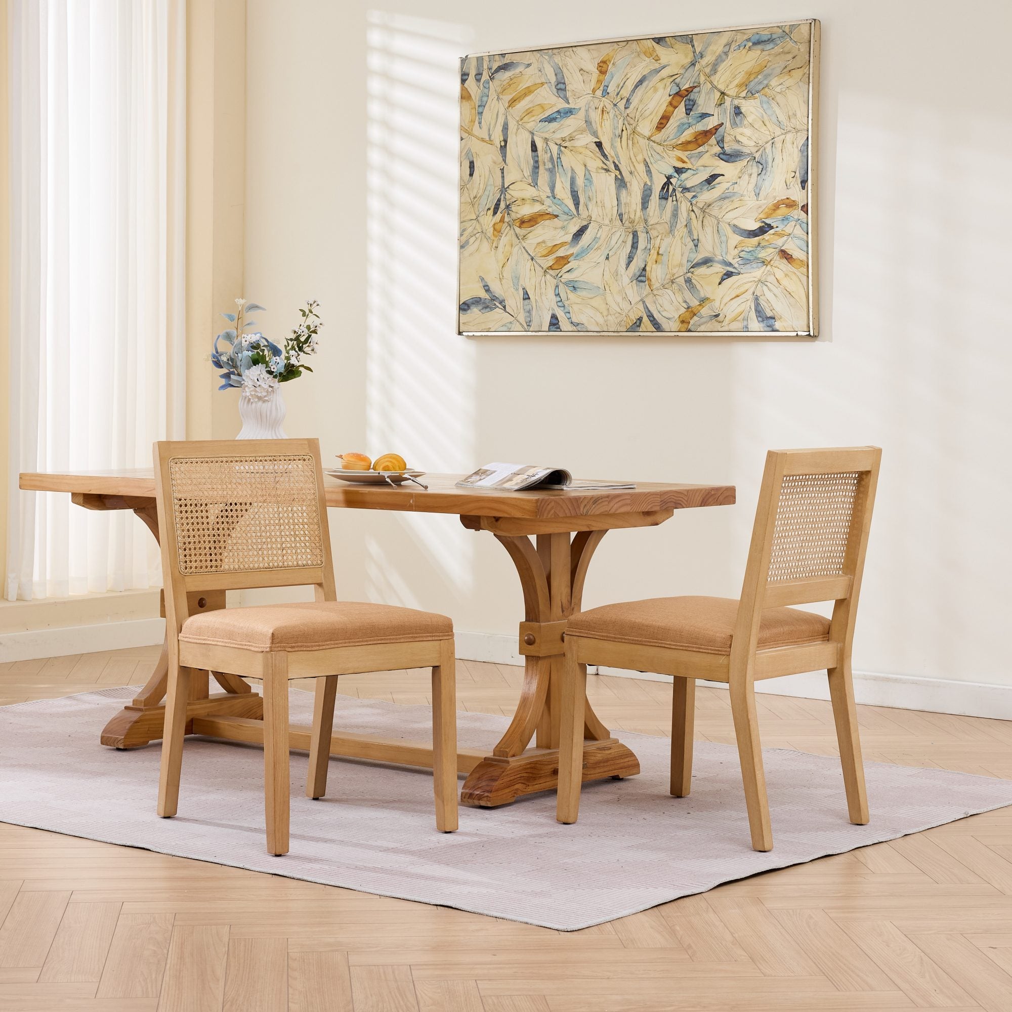 Cane-Back Dining Chairs Set of 2, Tan Linen with Wood Frame