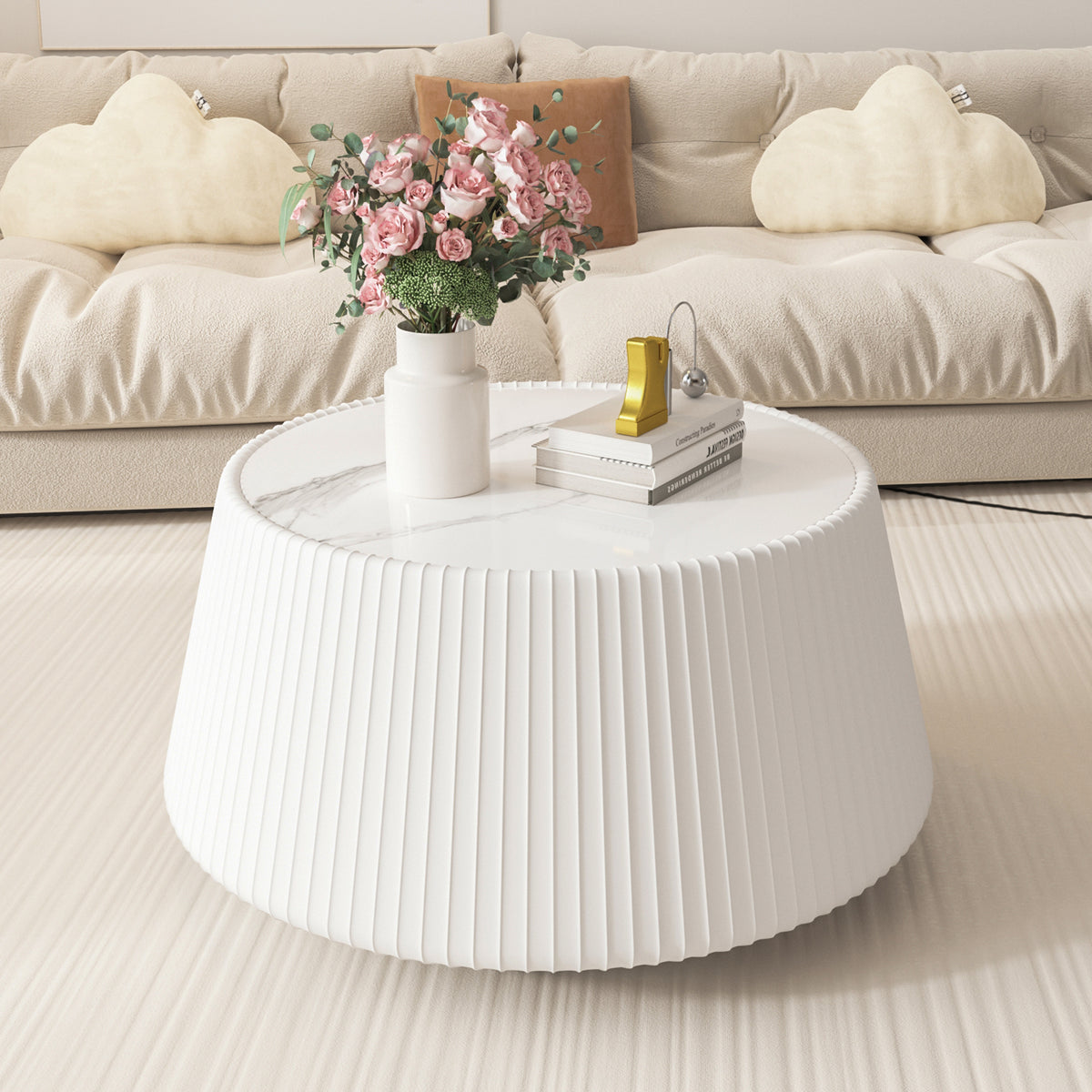 Cream Sintered Stone Round Coffee Table, 26.8 in