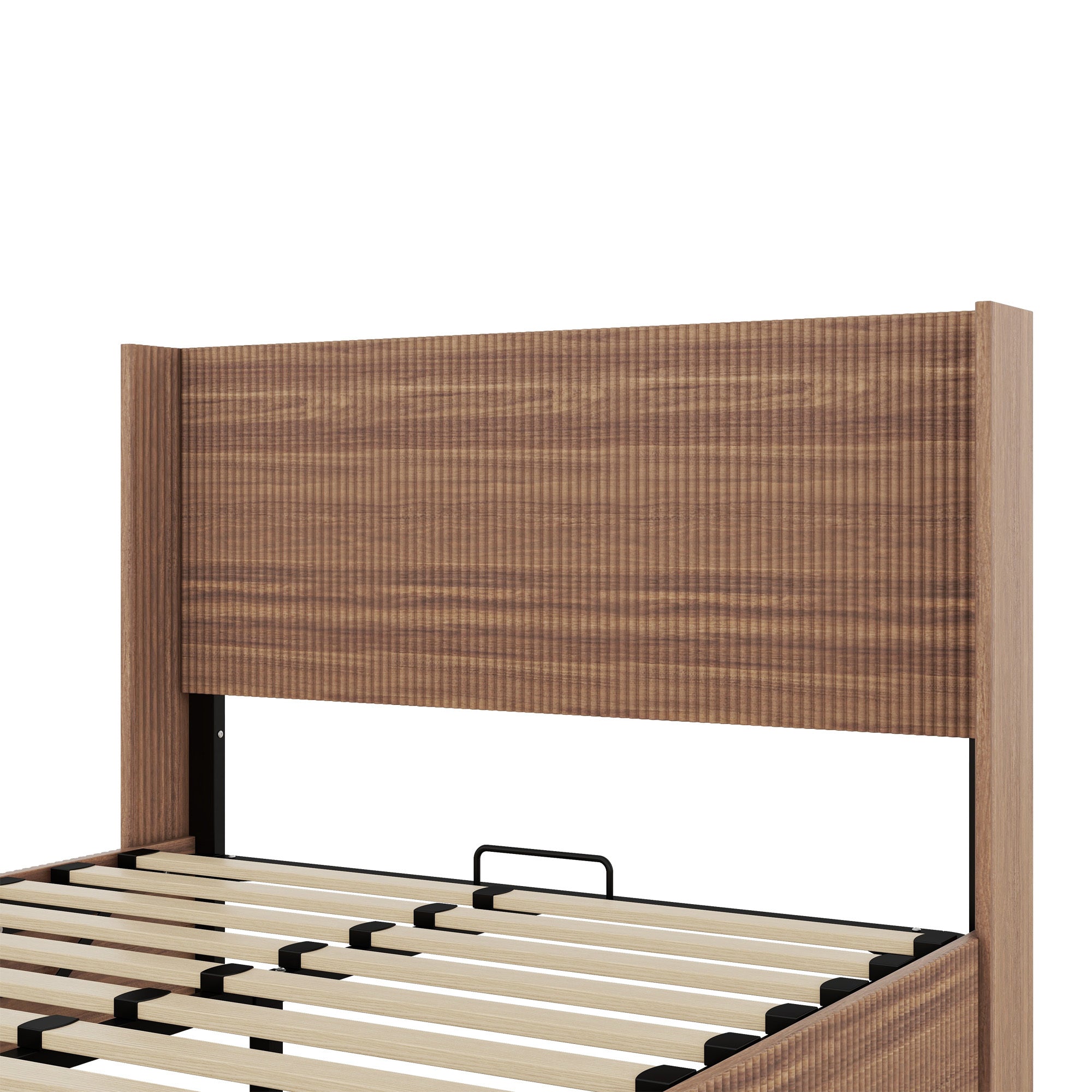 Close-up of the fluted natural wood headboard above the wood-slat platform with the lift handle