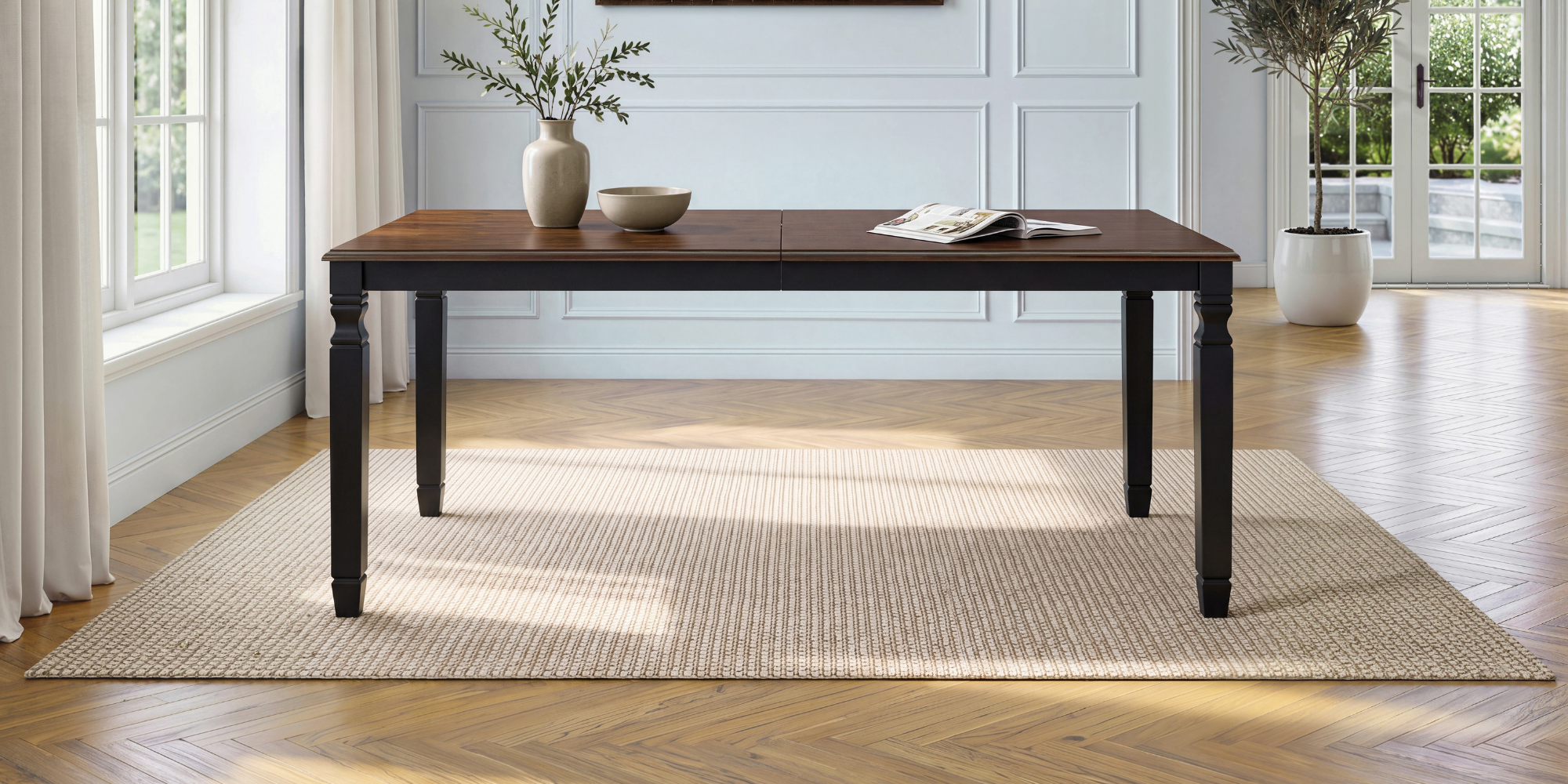 Espresso oak veneer farmhouse dining table, straight front view on a woven rug in a paneled room