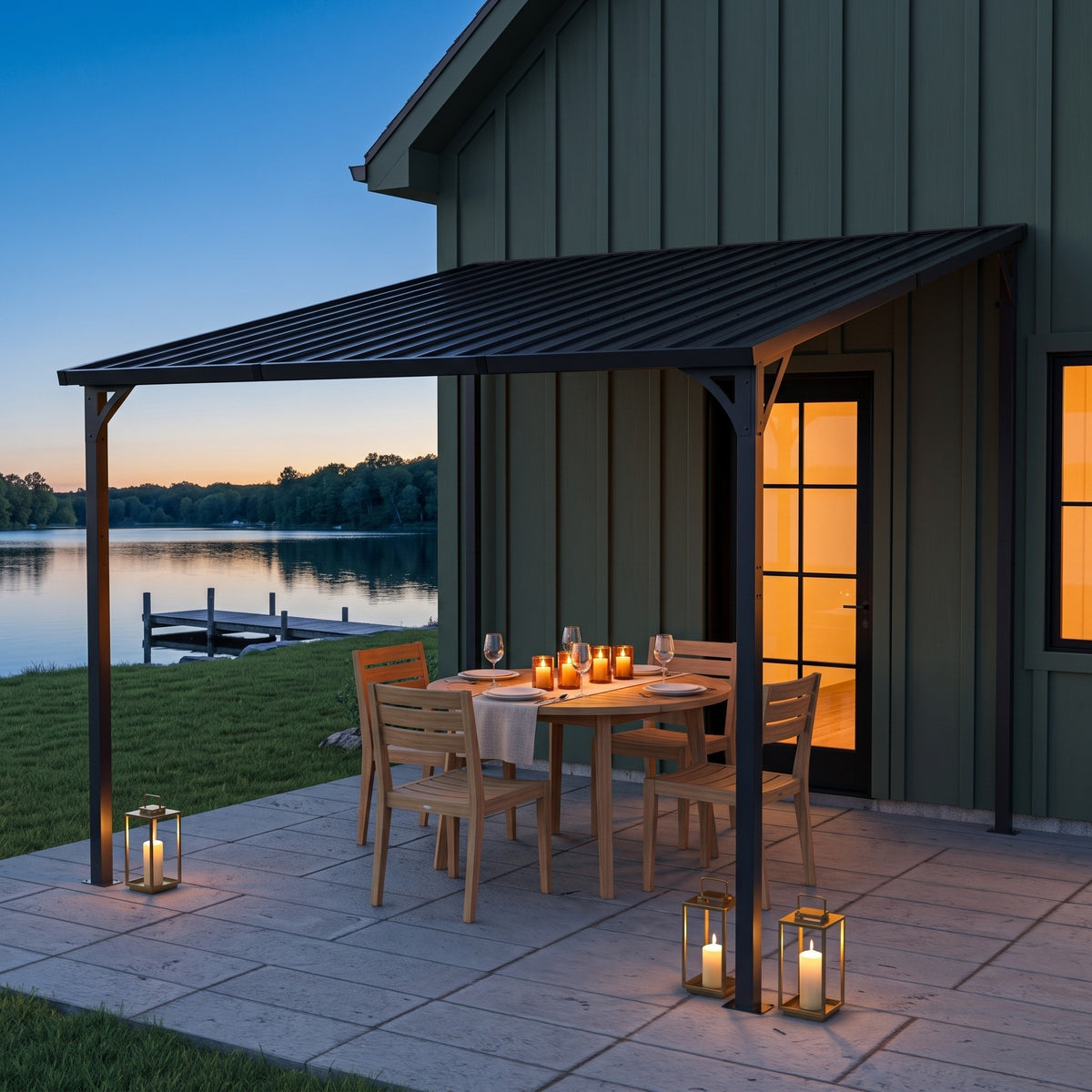 Black metal lean-to hardtop gazebo against a green house over a dining table with candle lanterns by a lake at dusk