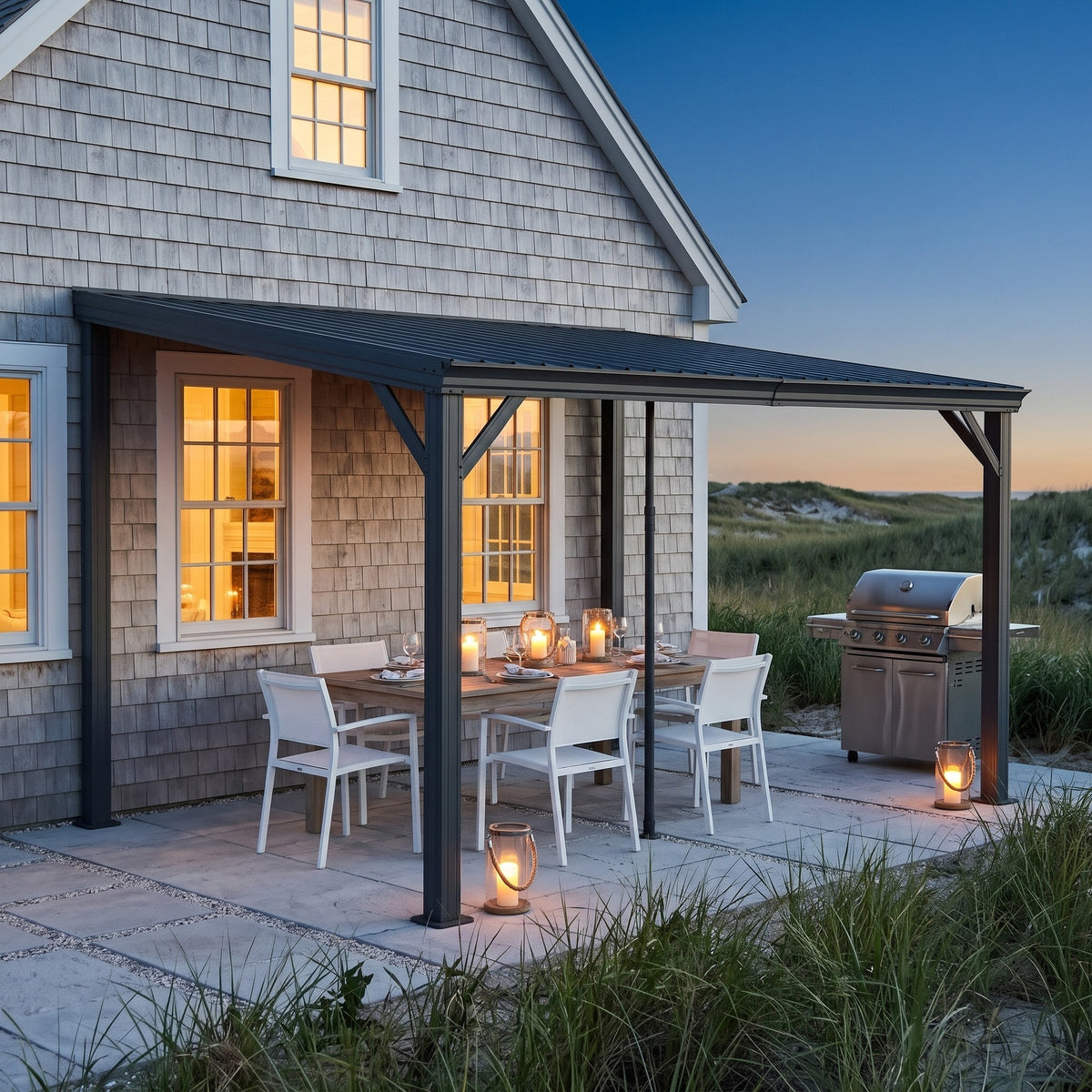 Gray metal lean-to hardtop gazebo on a house wall over a candlelit dining table on a stone patio at dusk