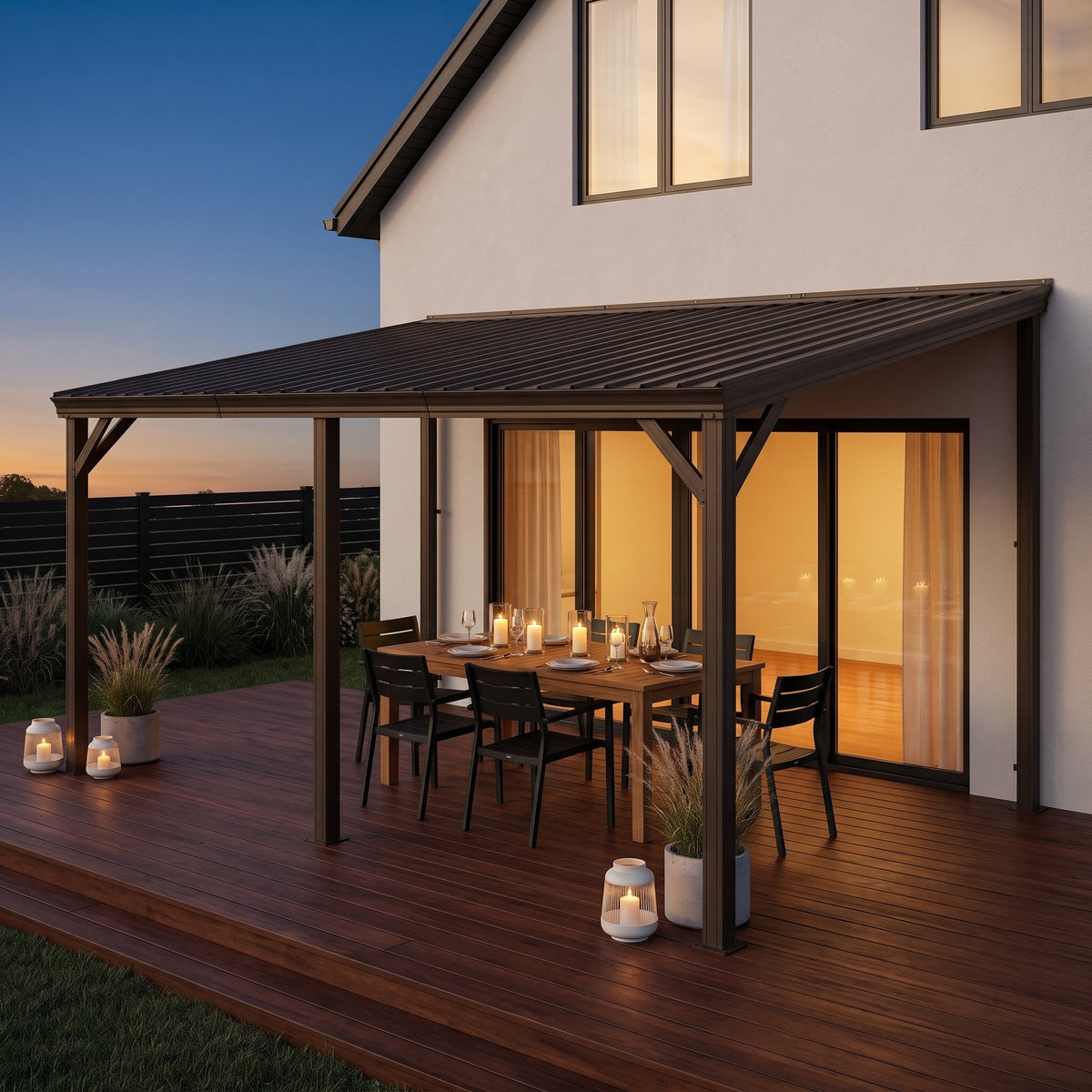 Brown steel lean-to hardtop gazebo on a house wall over a candlelit dining table on a wood deck at dusk