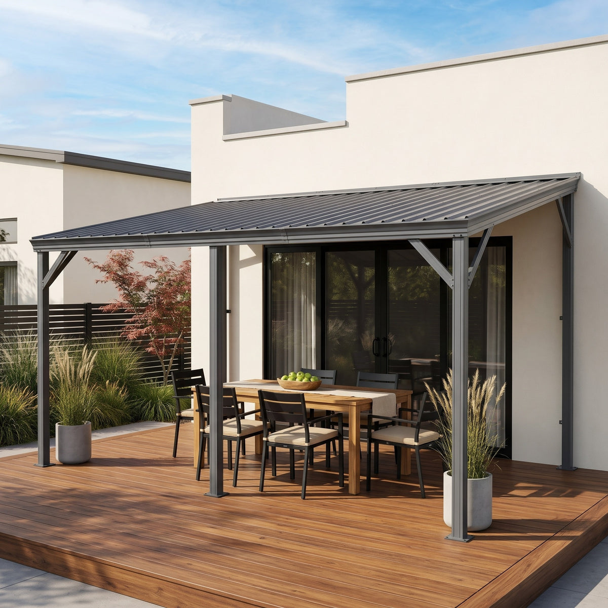Gray steel lean-to hardtop gazebo against a white house wall over a wood dining table on a deck in afternoon sun