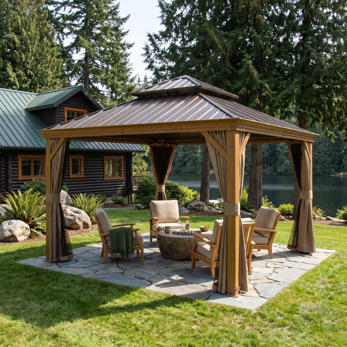 Yellow brown aluminum double roof hardtop gazebo over lounge chairs and a stone fire pit on a lakeside patio