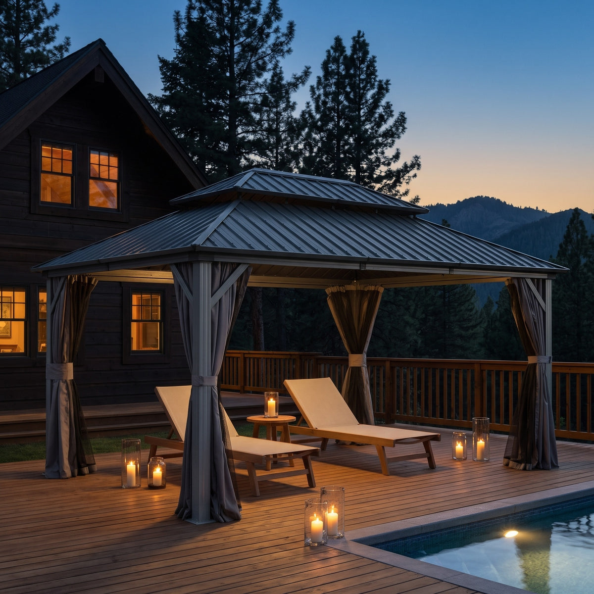 Gray aluminum 12x16 double roof hardtop gazebo with tied back curtains over loungers on a deck at dusk