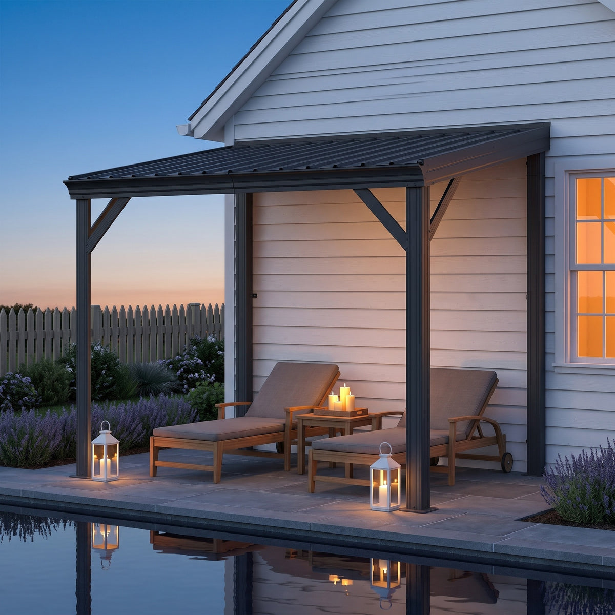 Gray metal lean-to hardtop gazebo on a house wall over two lounge chairs and lanterns by a pool at dusk