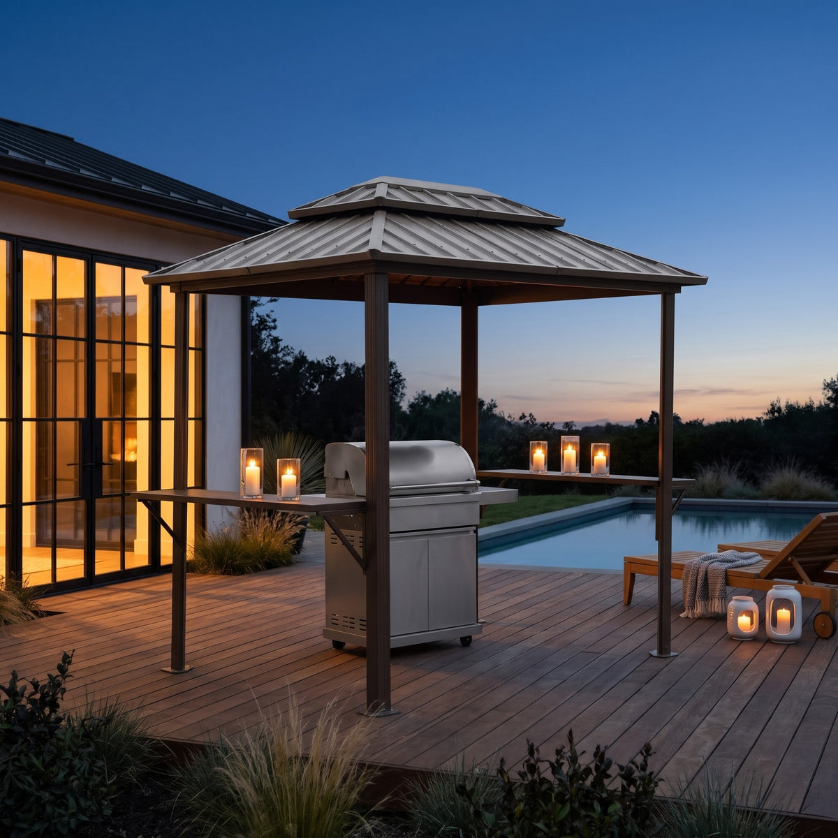 Brown metal 6x8 ft double roof grill gazebo with side shelves over a grill on a pool deck at dusk