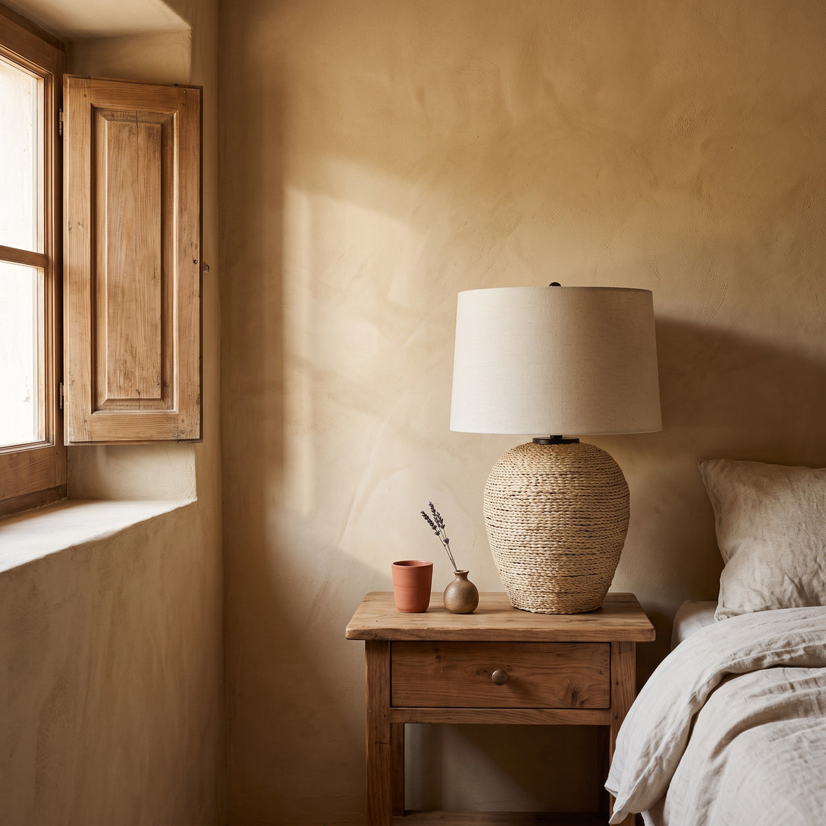 Beige linen drum shade table lamp with woven rattan jar base on a wooden nightstand beside a linen bed