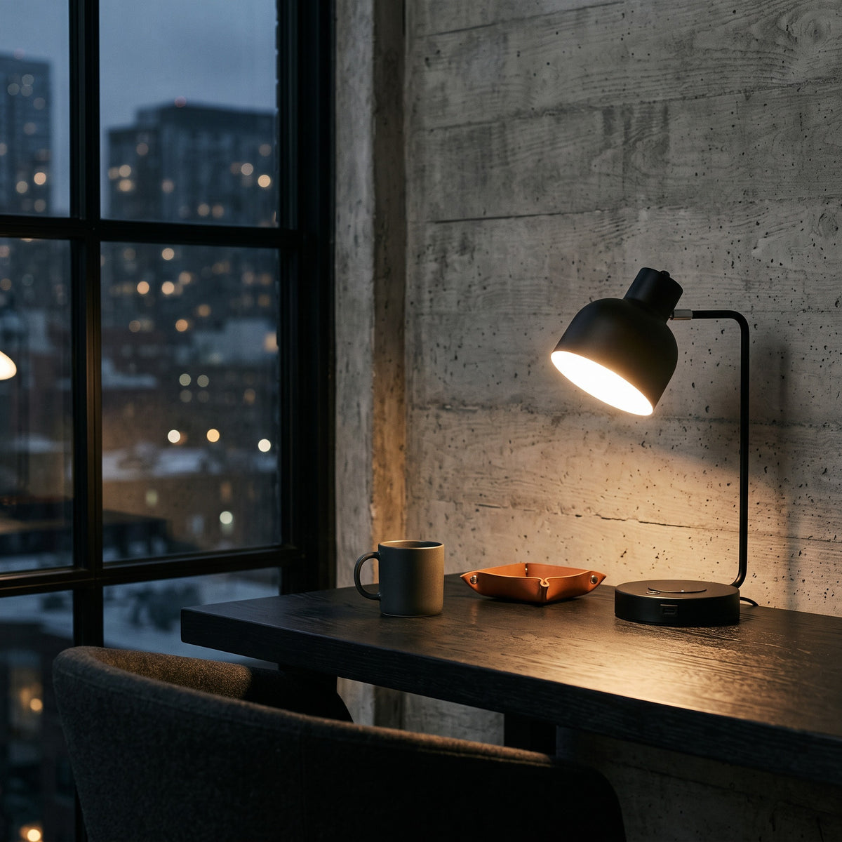 Black metal desk lamp with charging pad base, lit on a dark wood desk by a window at dusk
