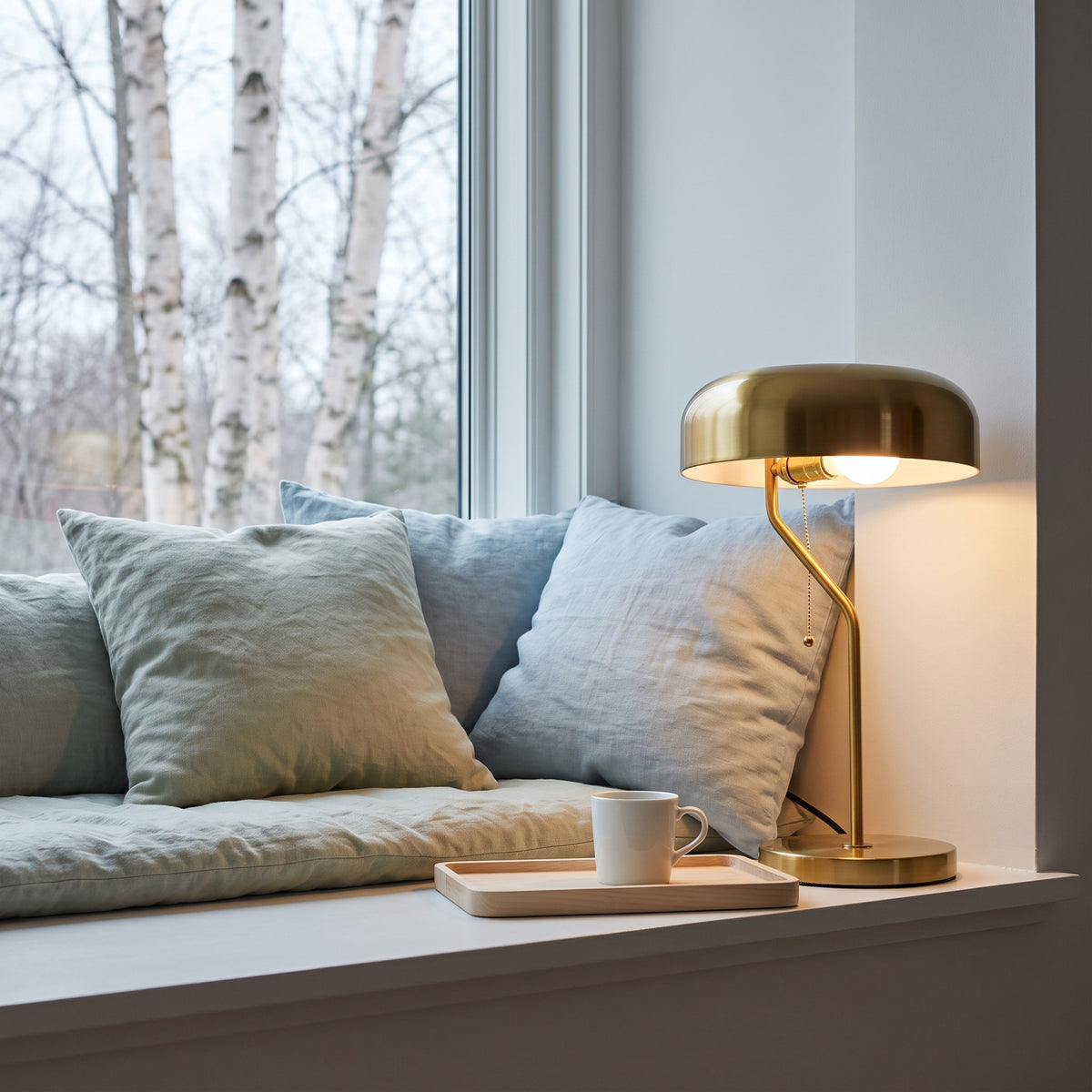 Gold metal table lamp with dome shade and pull chain, lit on a window seat beside blue linen cushions