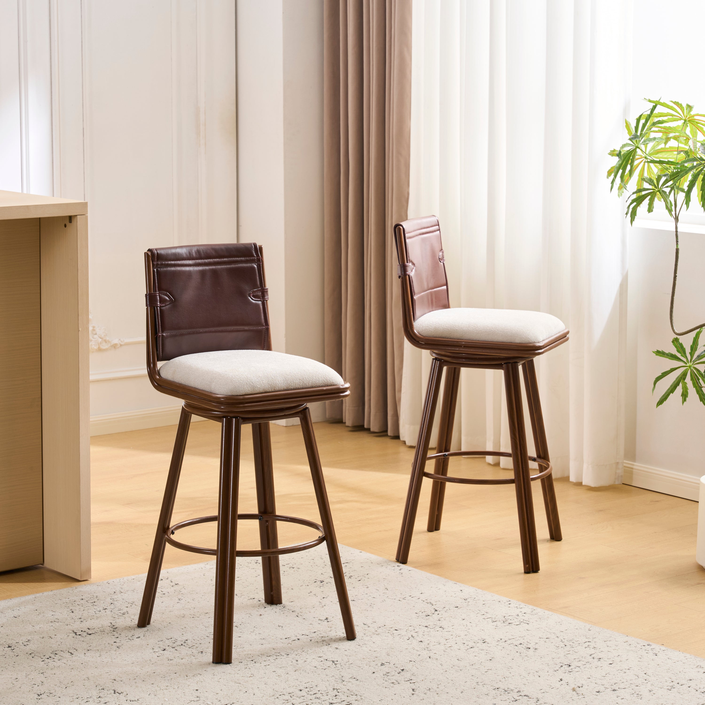 Bar Stool Set of 2, Beige Swivel Seat with Walnut Metal Frame