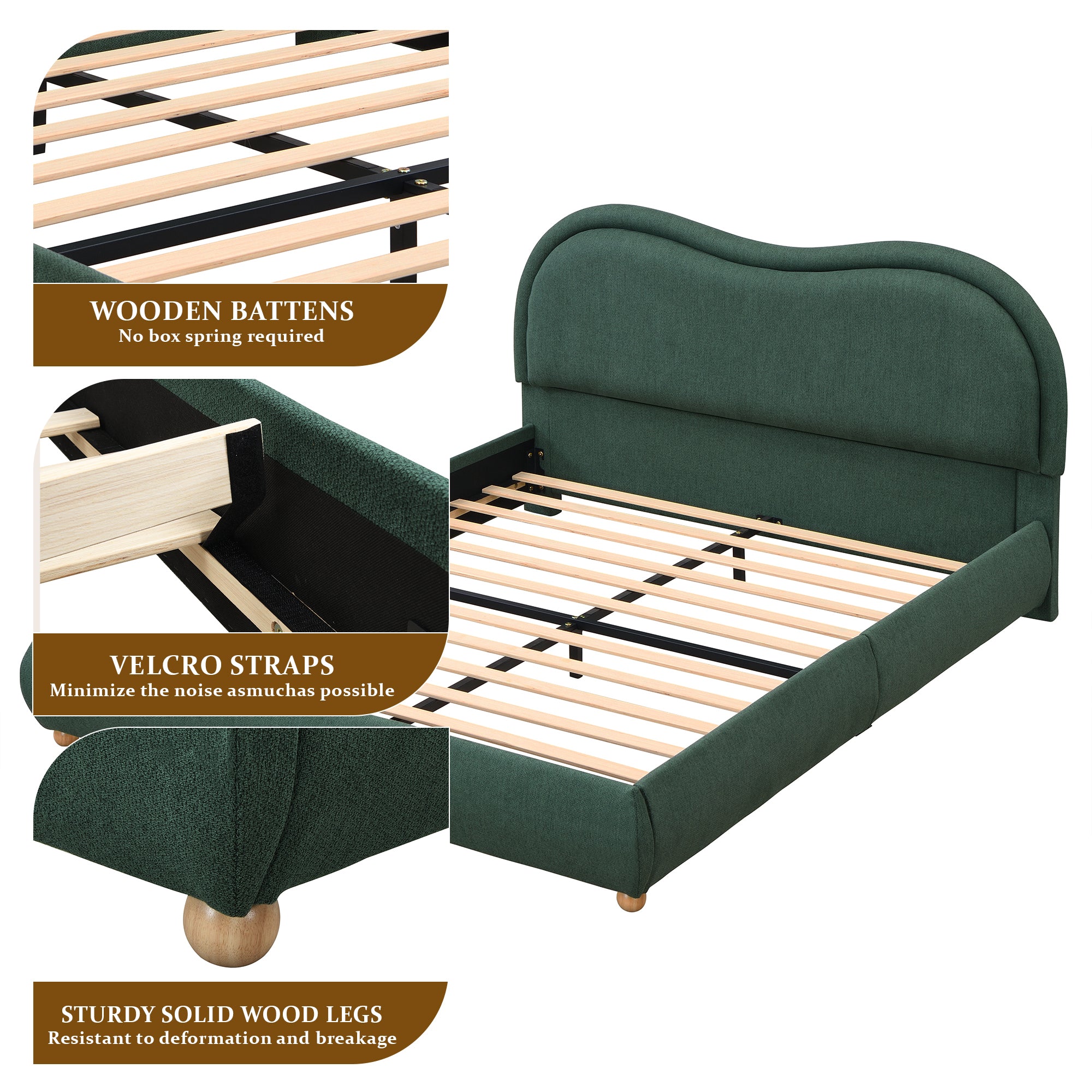 Construction detail: wooden slat battens, velcro straps to reduce noise, and round solid oak wood legs #Color_Olive Green