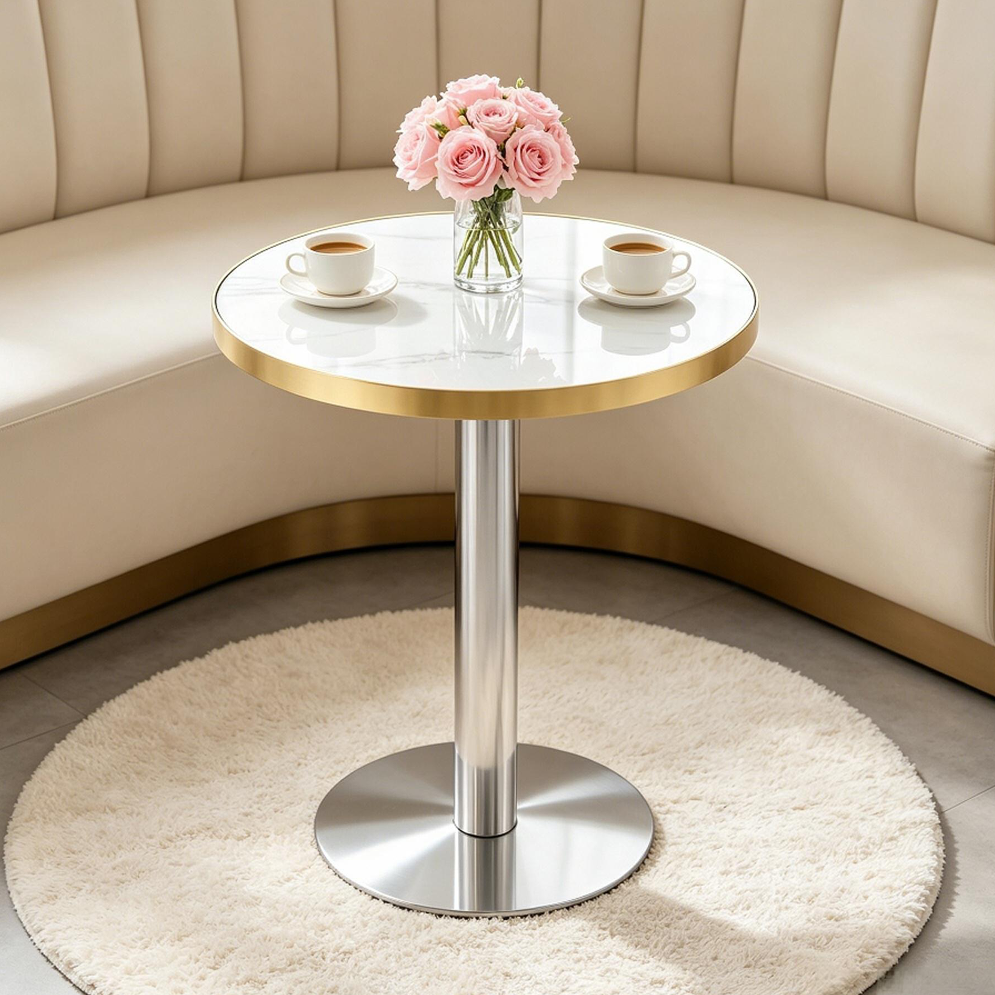 White faux marble bistro table with gold trim by a beige booth, styled with roses and two coffee cups