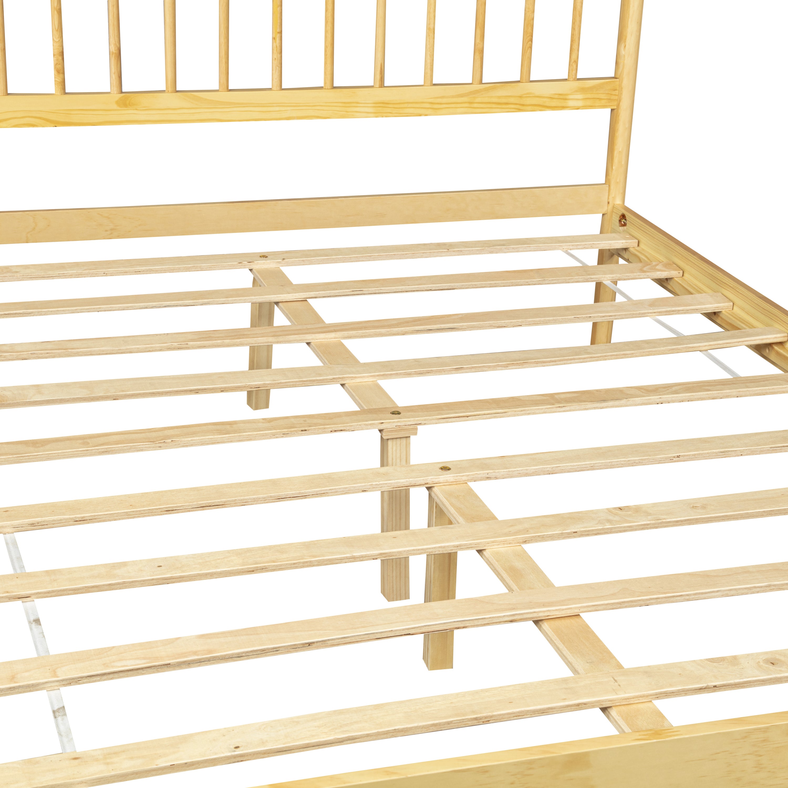 Close-up of the natural pine headboard corner post and spindles on a white background #Color_Natural