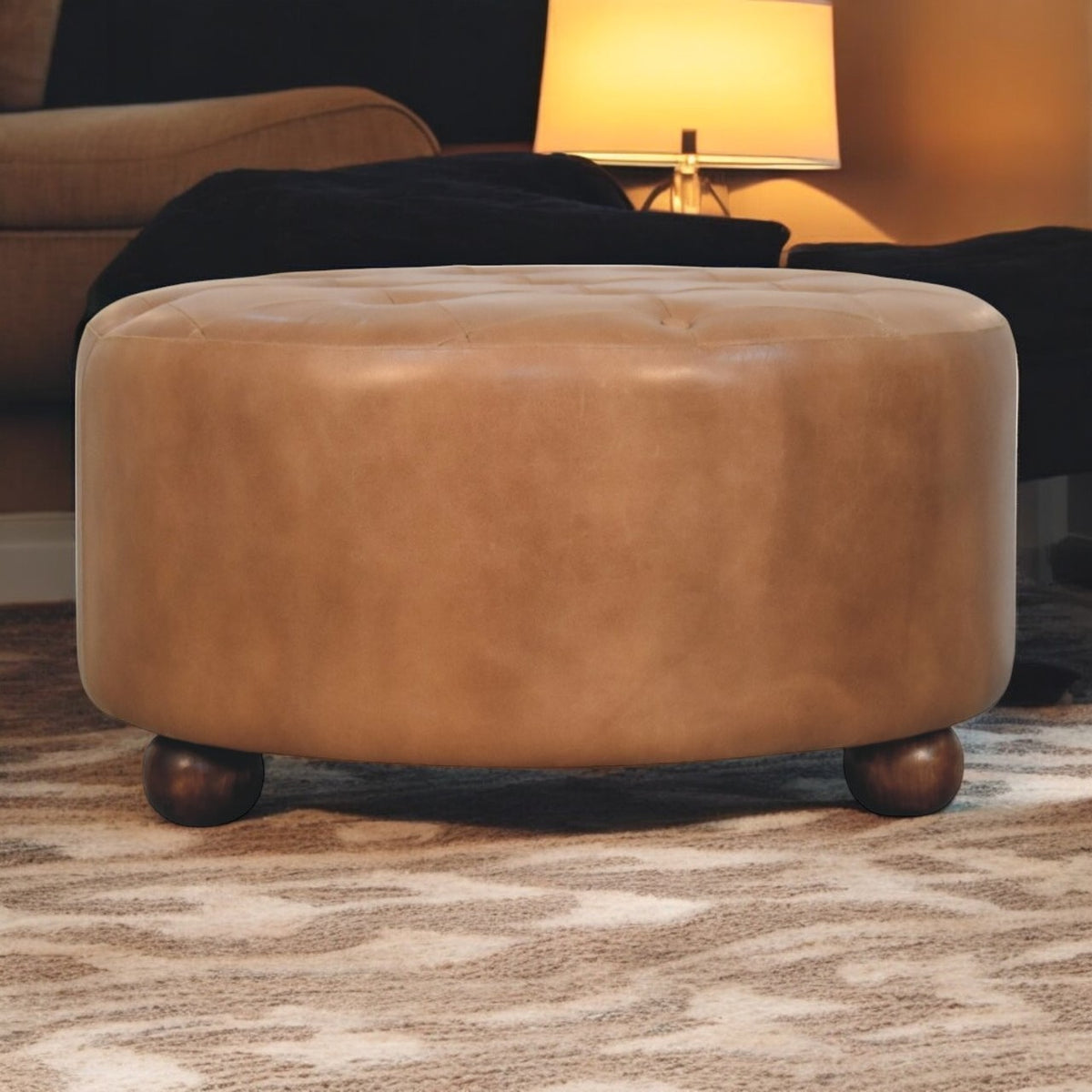 Brown Genuine Leather Round Ottoman, 32.3 in