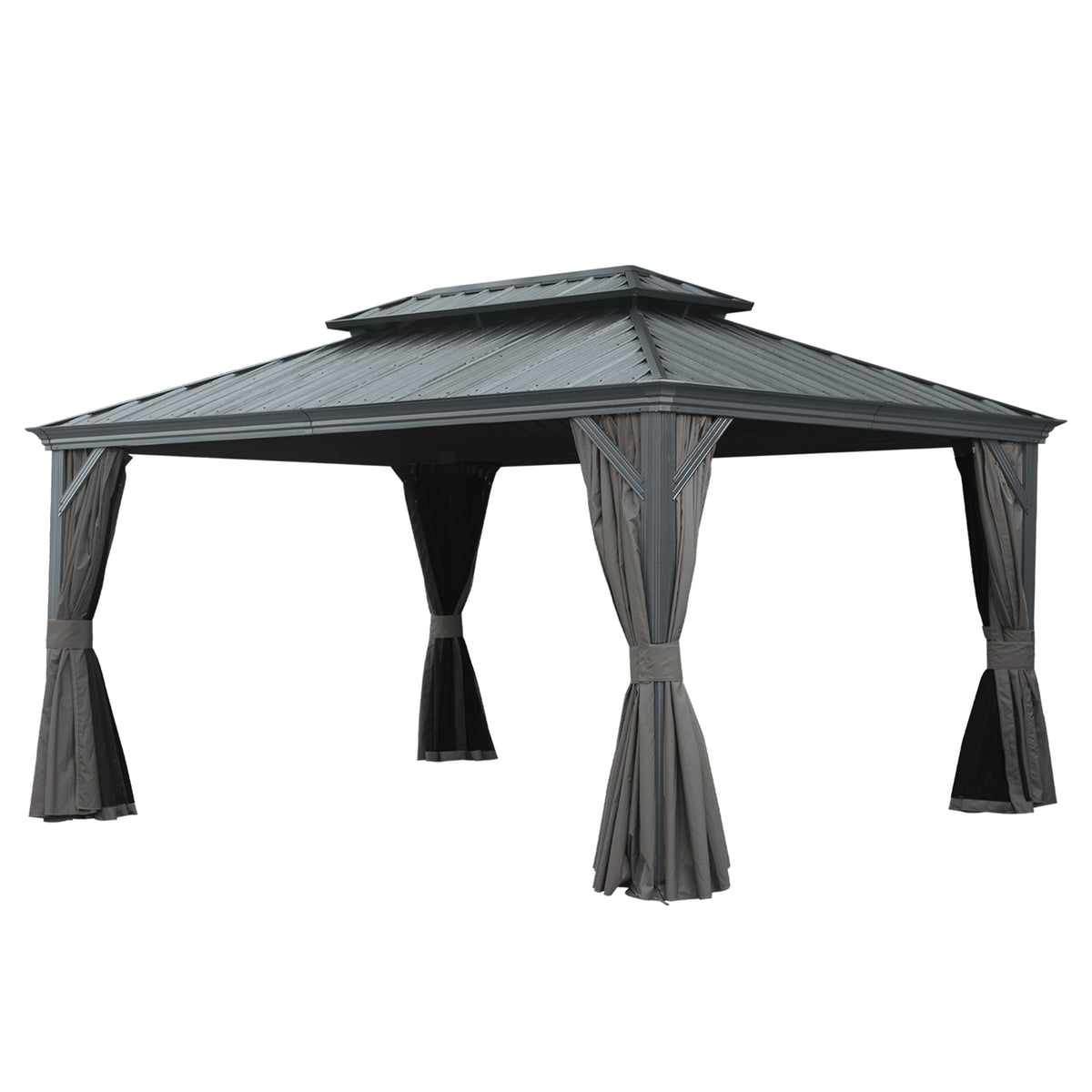 12x16 ft Gray Hardtop Gazebo with Netting and Curtains