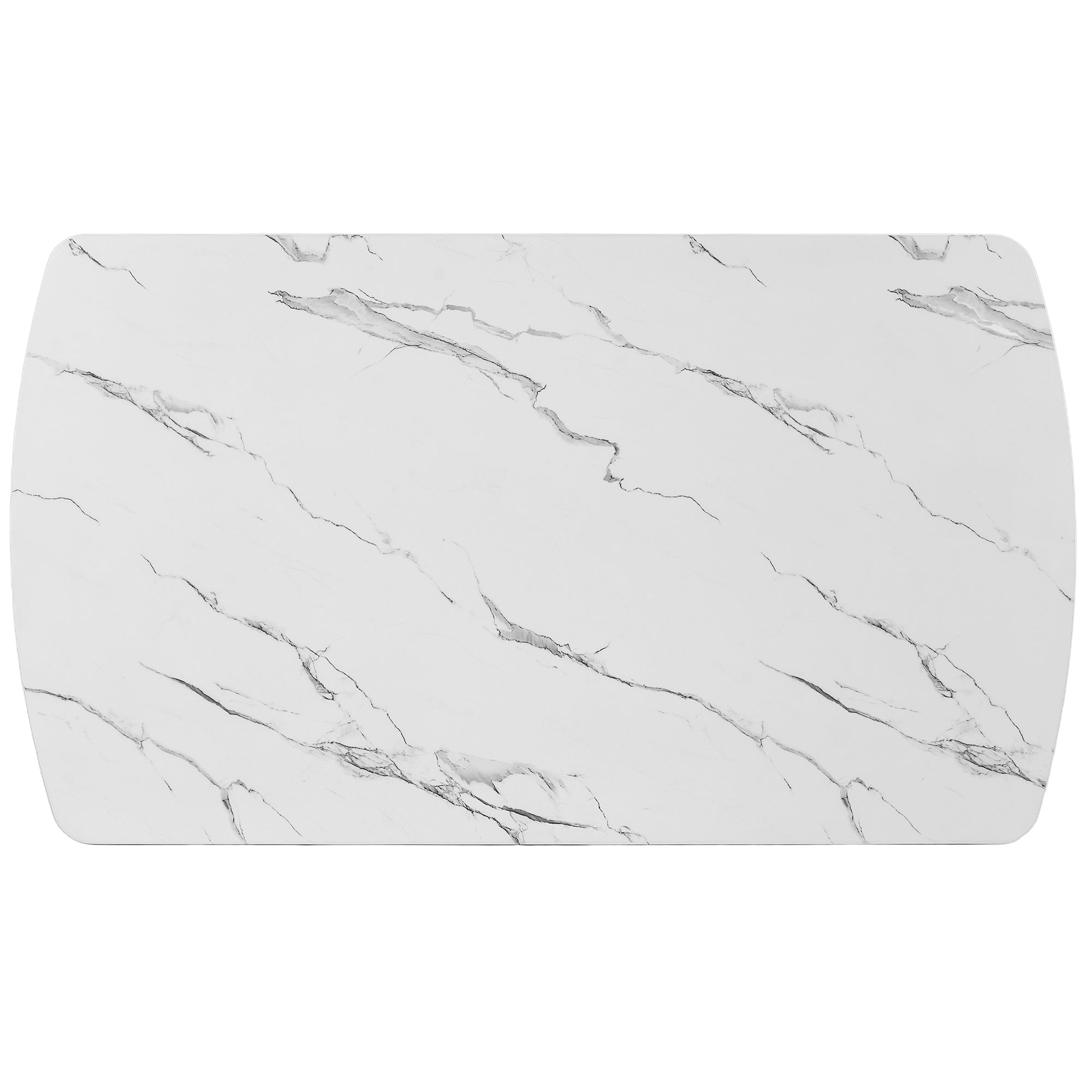 Close-up of a rounded tabletop corner and black leg on the faux marble dining table, white background