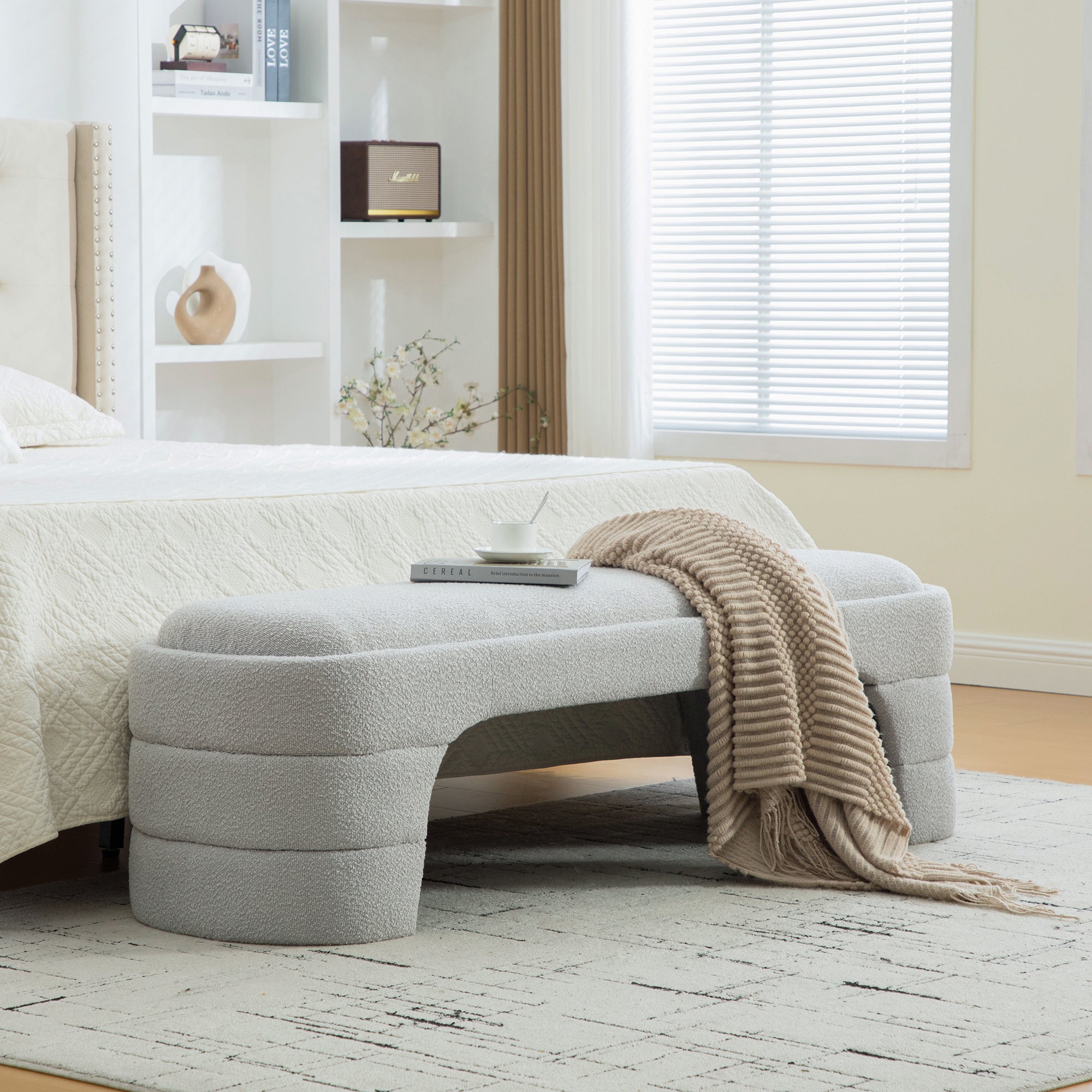 Upholstered Bench 65 inch, Light Gray Boucle, Tufted Arched Base