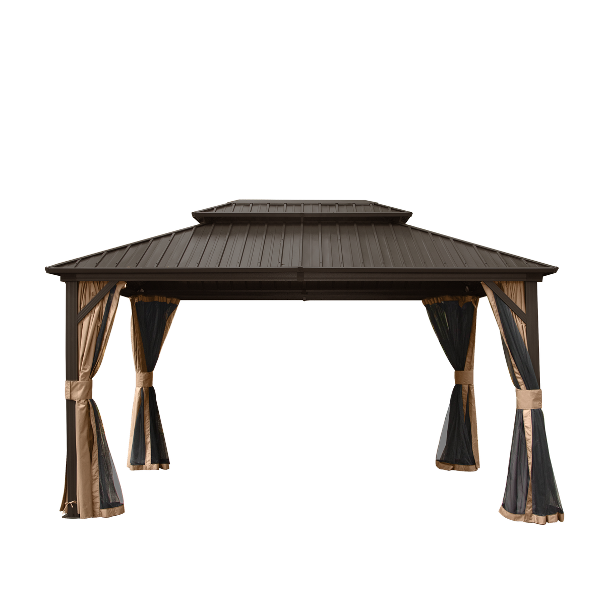 10x12 ft Brown Double Roof Hardtop Gazebo with Netting and Curtains