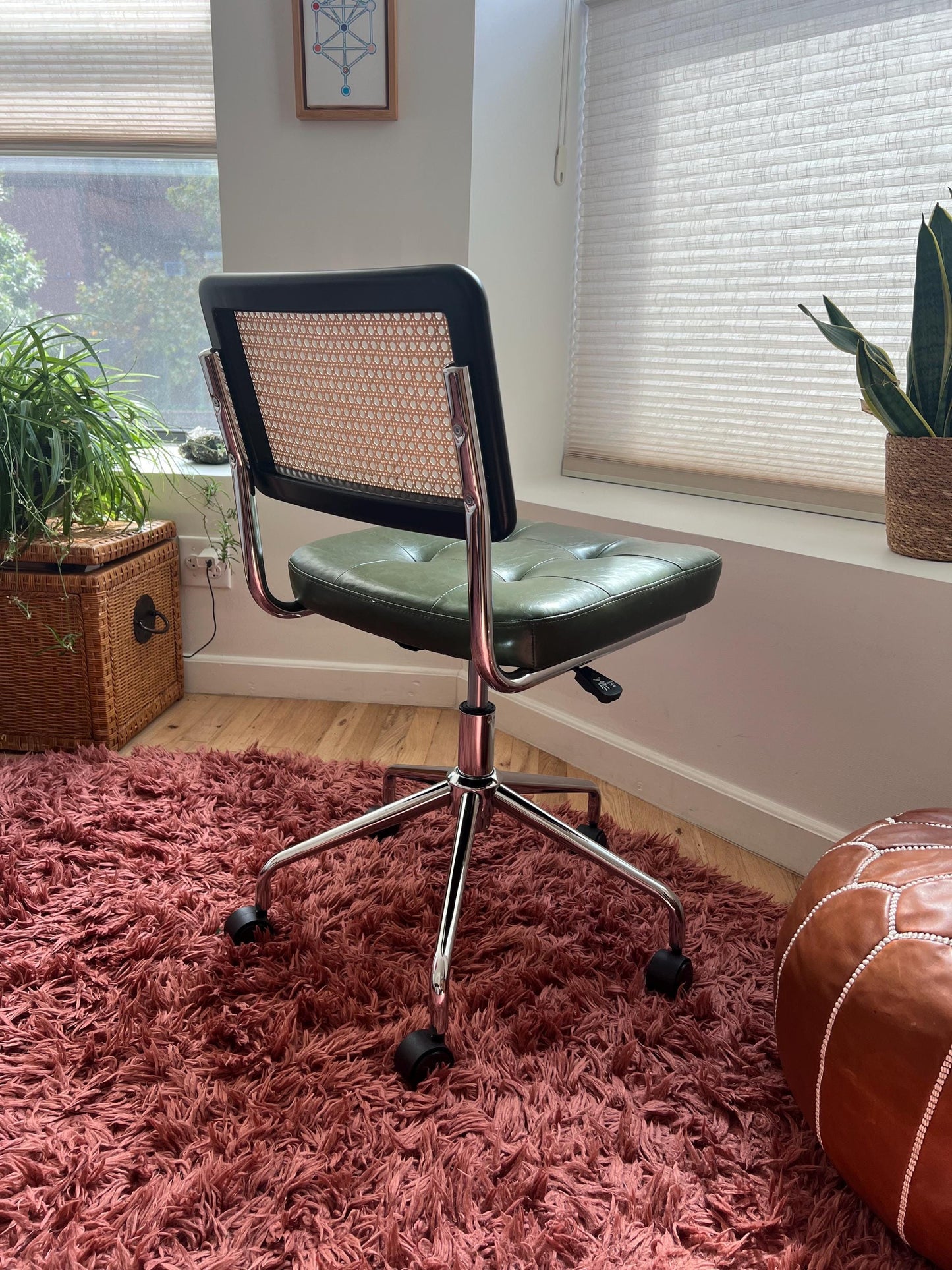 Mid Century Modern Office Chair – Rattan, Vegan Leather & Stainless Steel