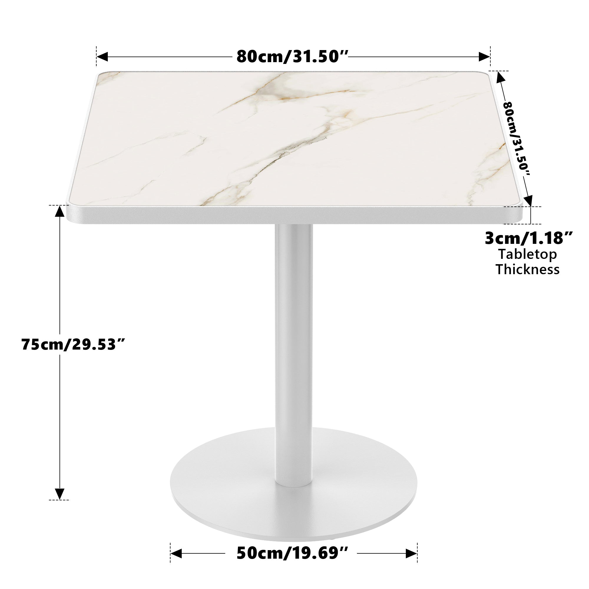 Dimension diagram of square dining table, 80cm/31.5 inch top, 75cm/29.53 inch height, white base