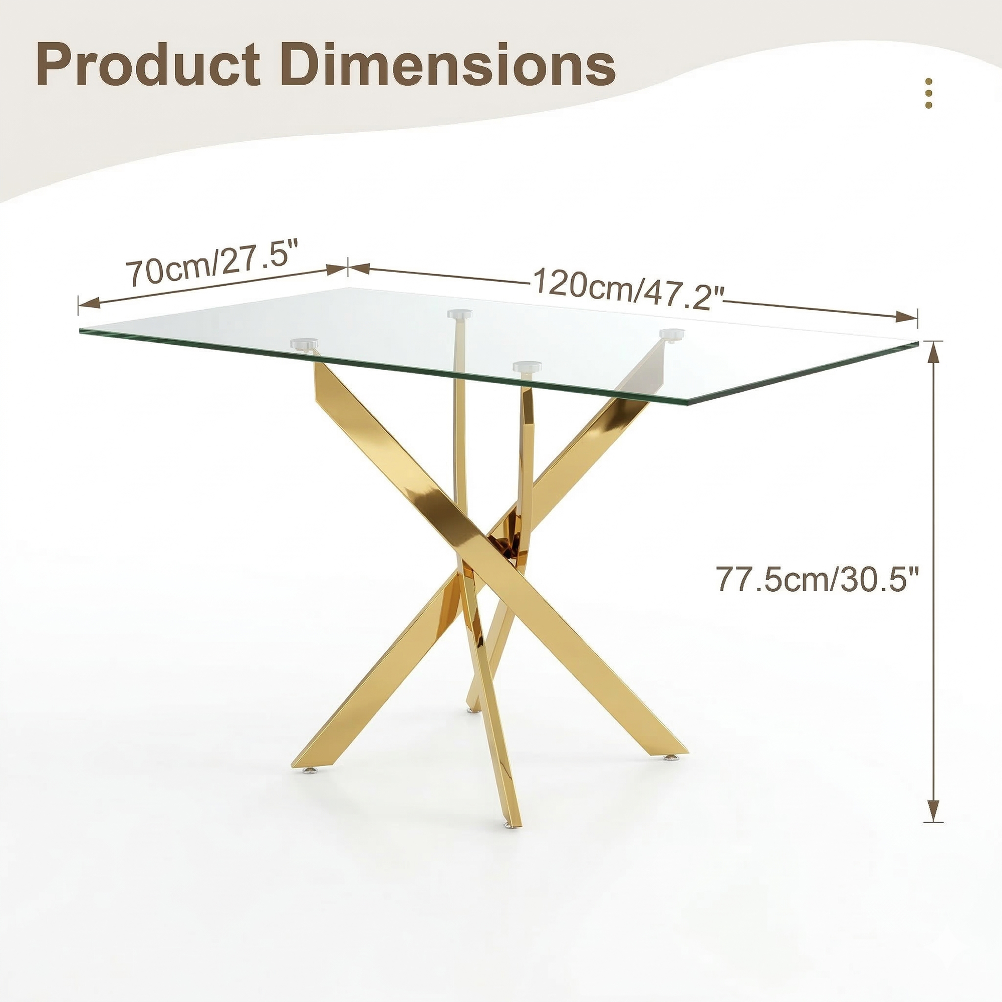 Dimension diagram of the gold-leg glass table, 47.2 inch length and 30.5 inch height