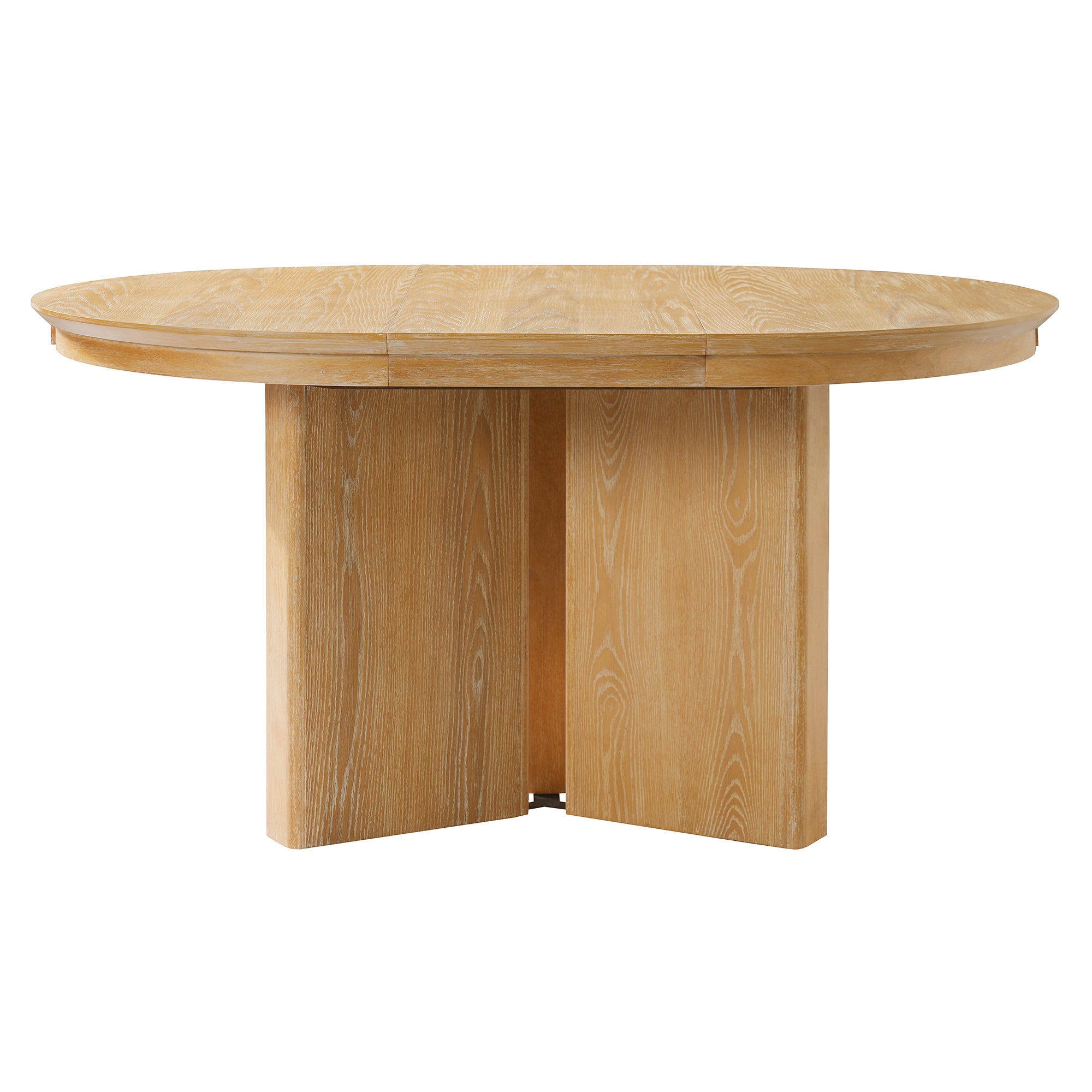 Front studio view of the oak table extended to oval on crossed panel base
