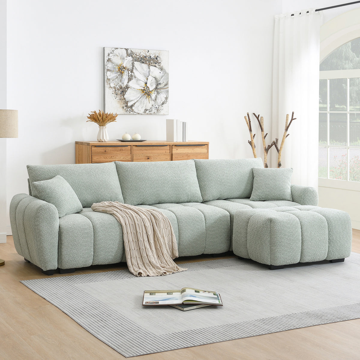 Green Boucle Modular Sectional Couch with Ottoman, 110 in Wide