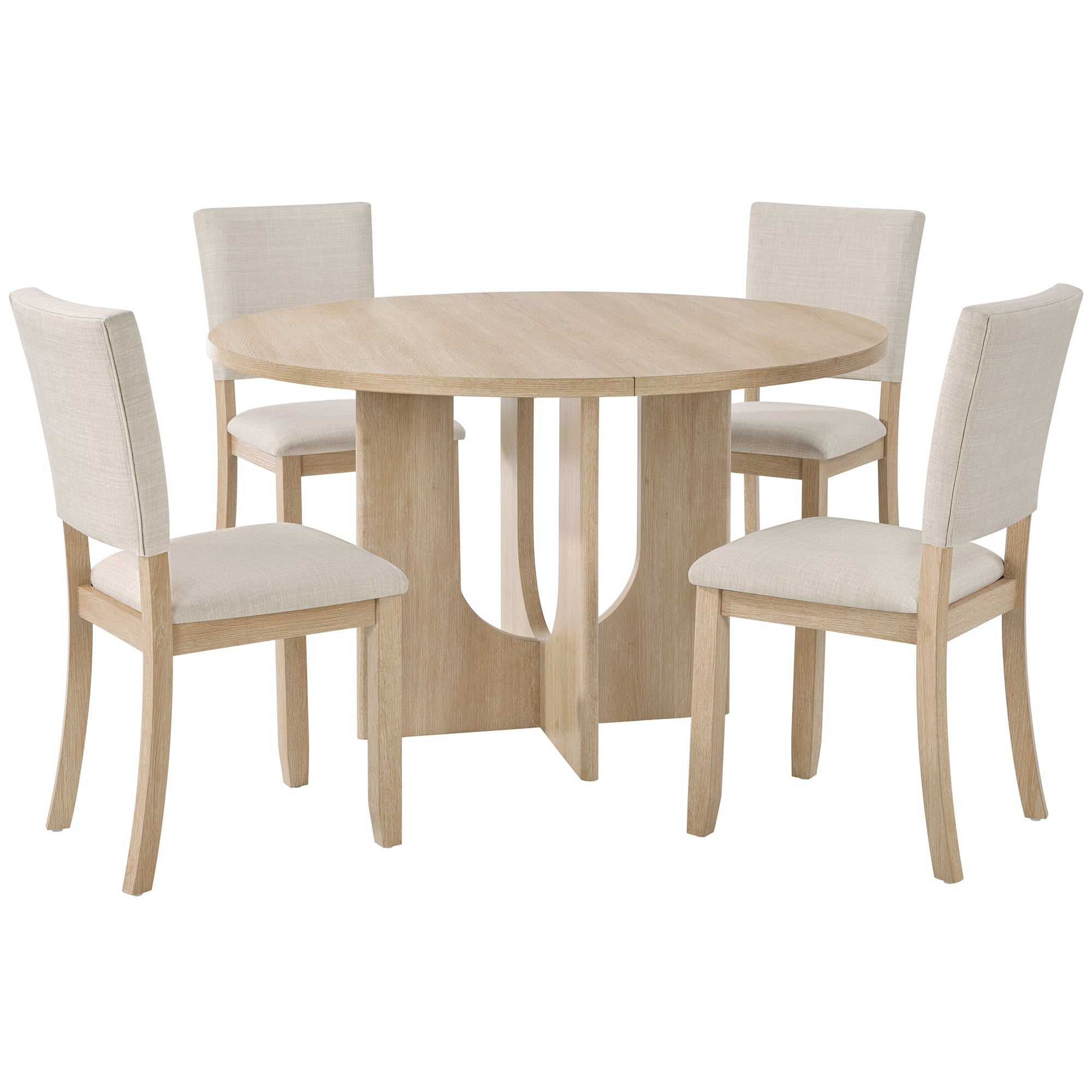 5-Piece Round Dining Set for 4, Light Oak Table with 4 Beige Chairs