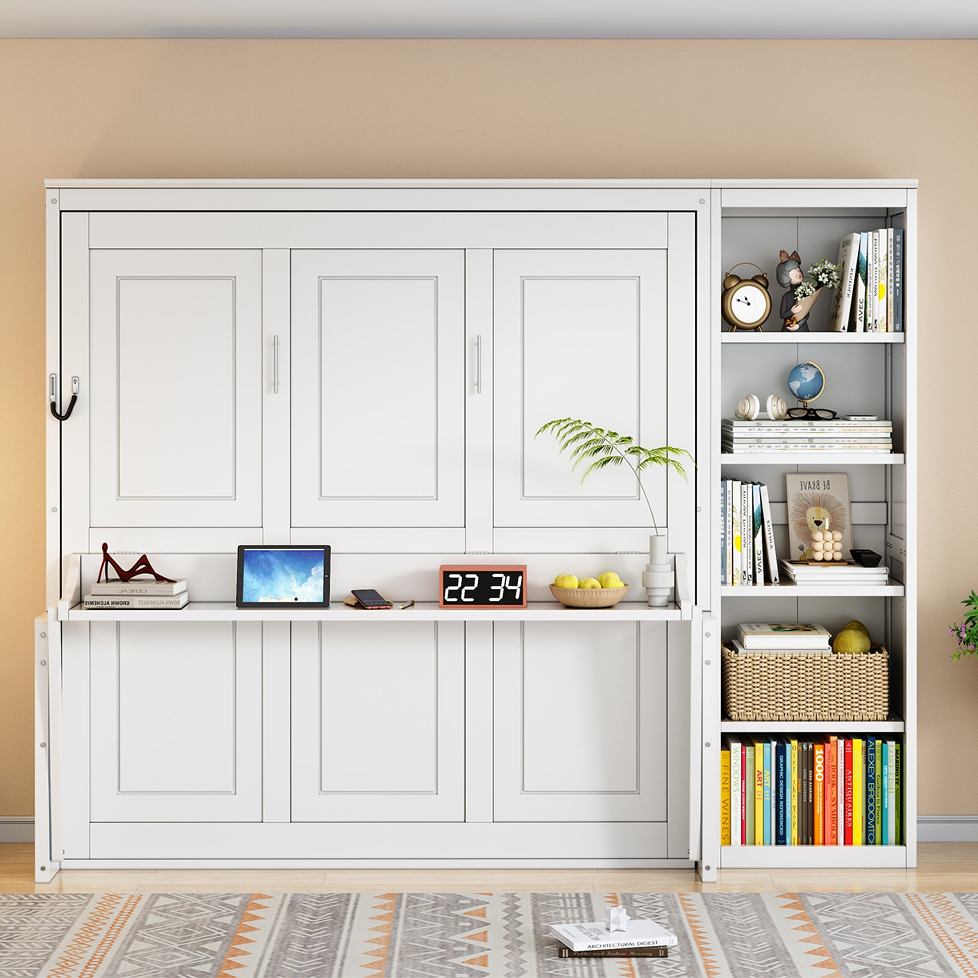 White Murphy Bed with Desk and Side Shelves