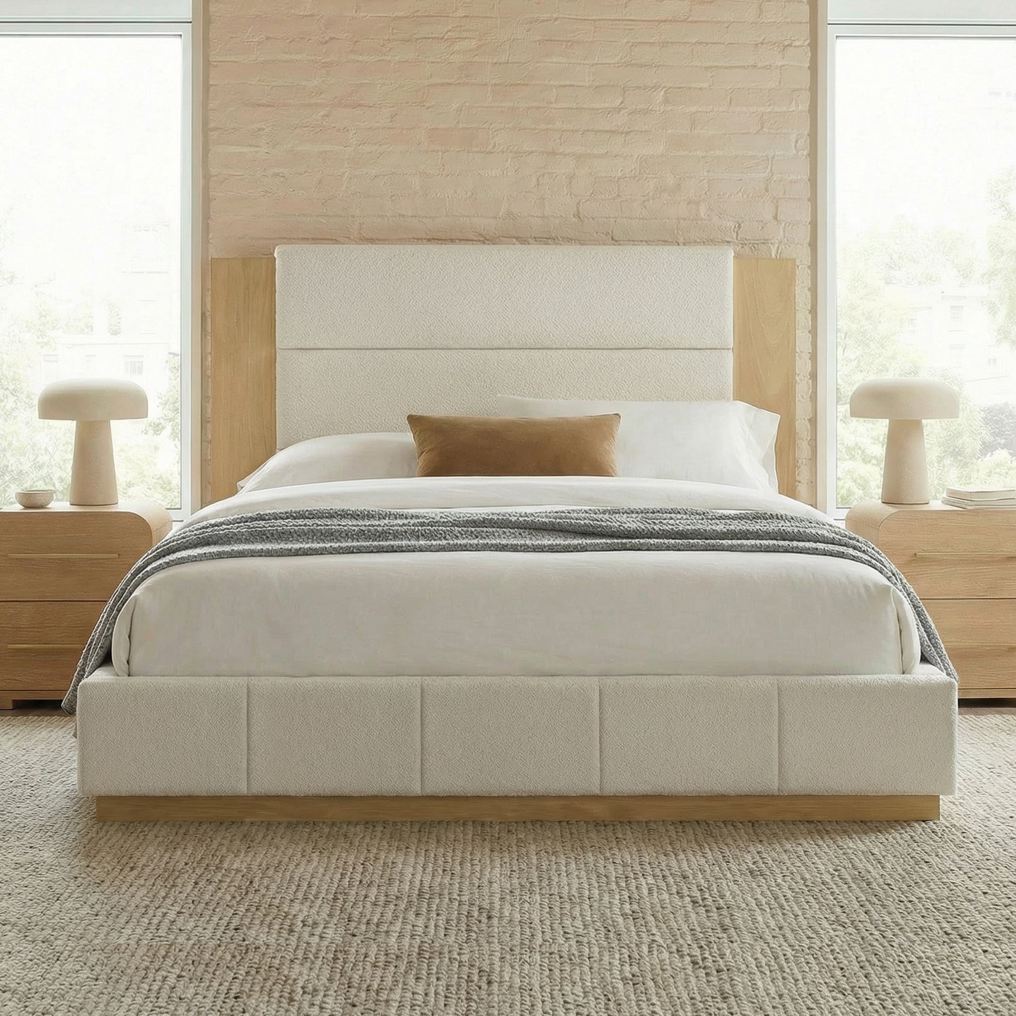 Close-up of white boucle side rail panel texture and wood trim