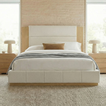 Close-up of white boucle side rail panel texture and wood trim