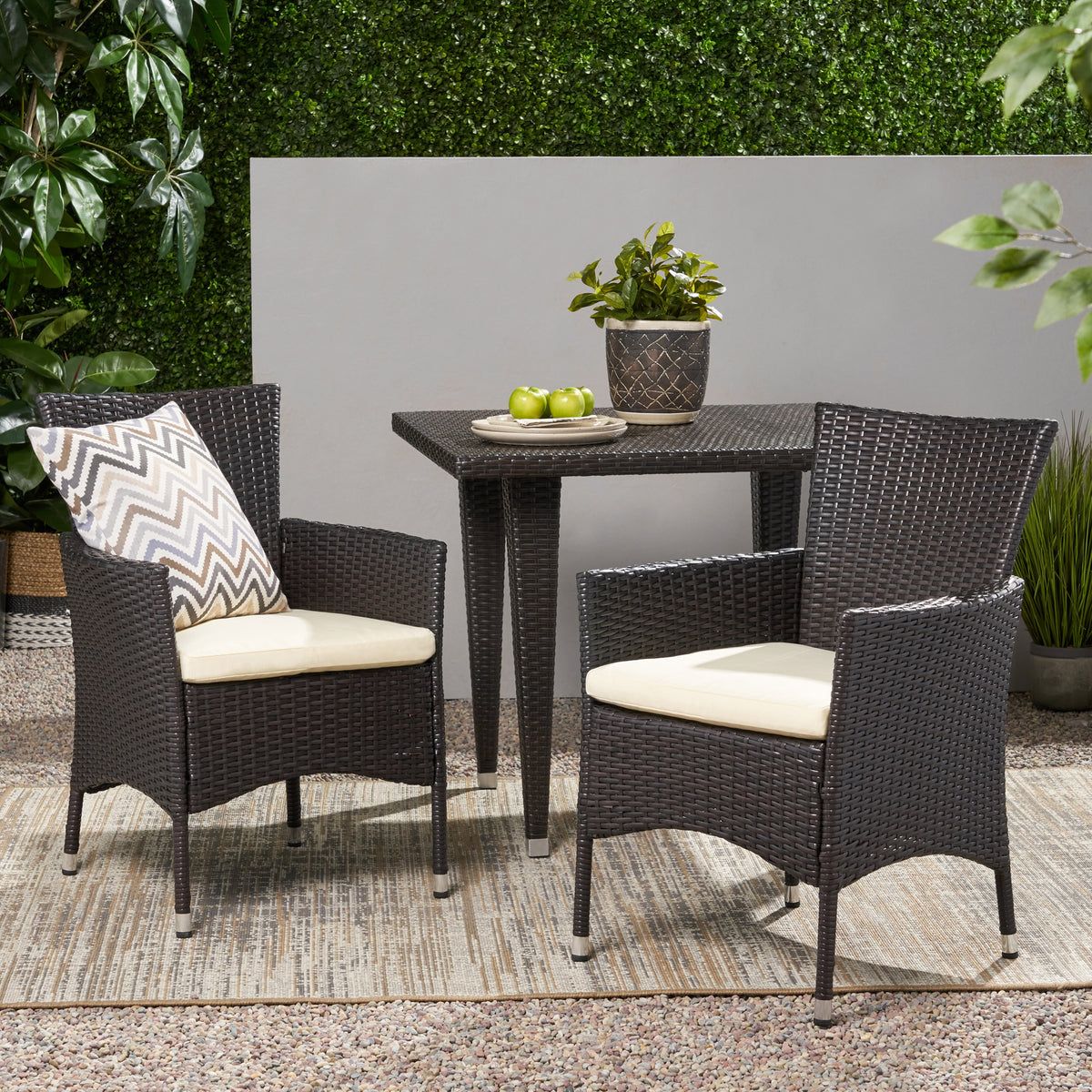 Brown Wicker Outdoor Dining Chair with Cushions, Set of 2