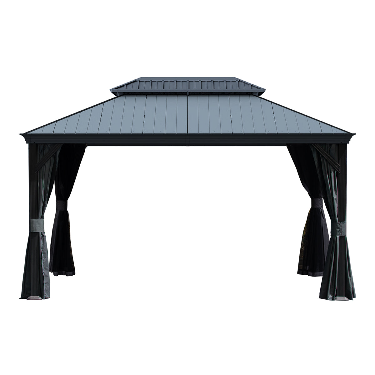 10x14 ft Dark Gray Metal Hardtop Gazebo with Netting and Curtains