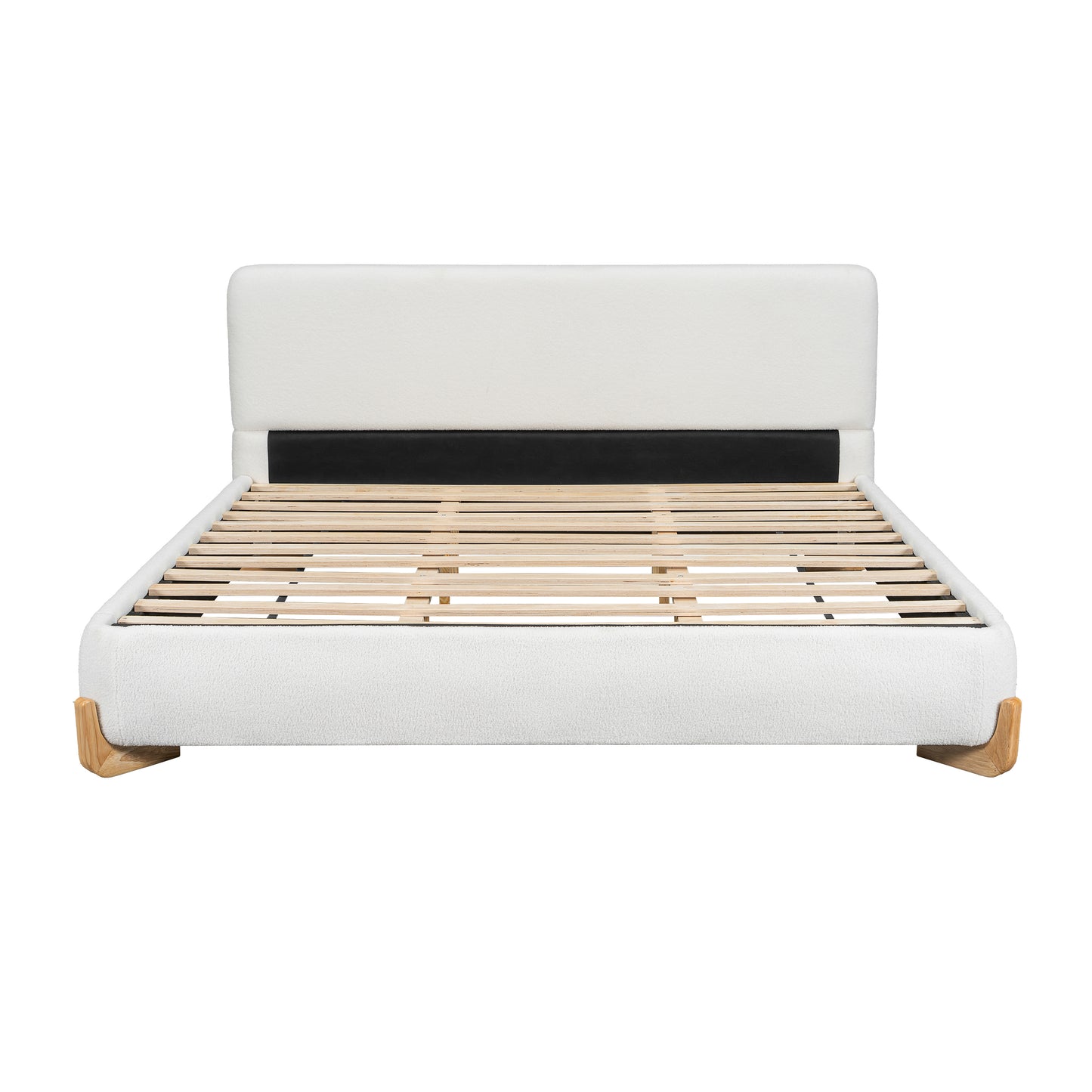 White boucle king bed frame, straight-on front view with bedding