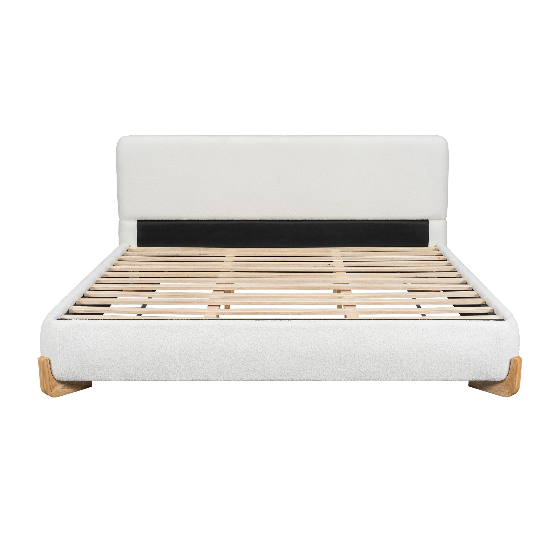 White boucle king bed frame, straight-on front view with bedding