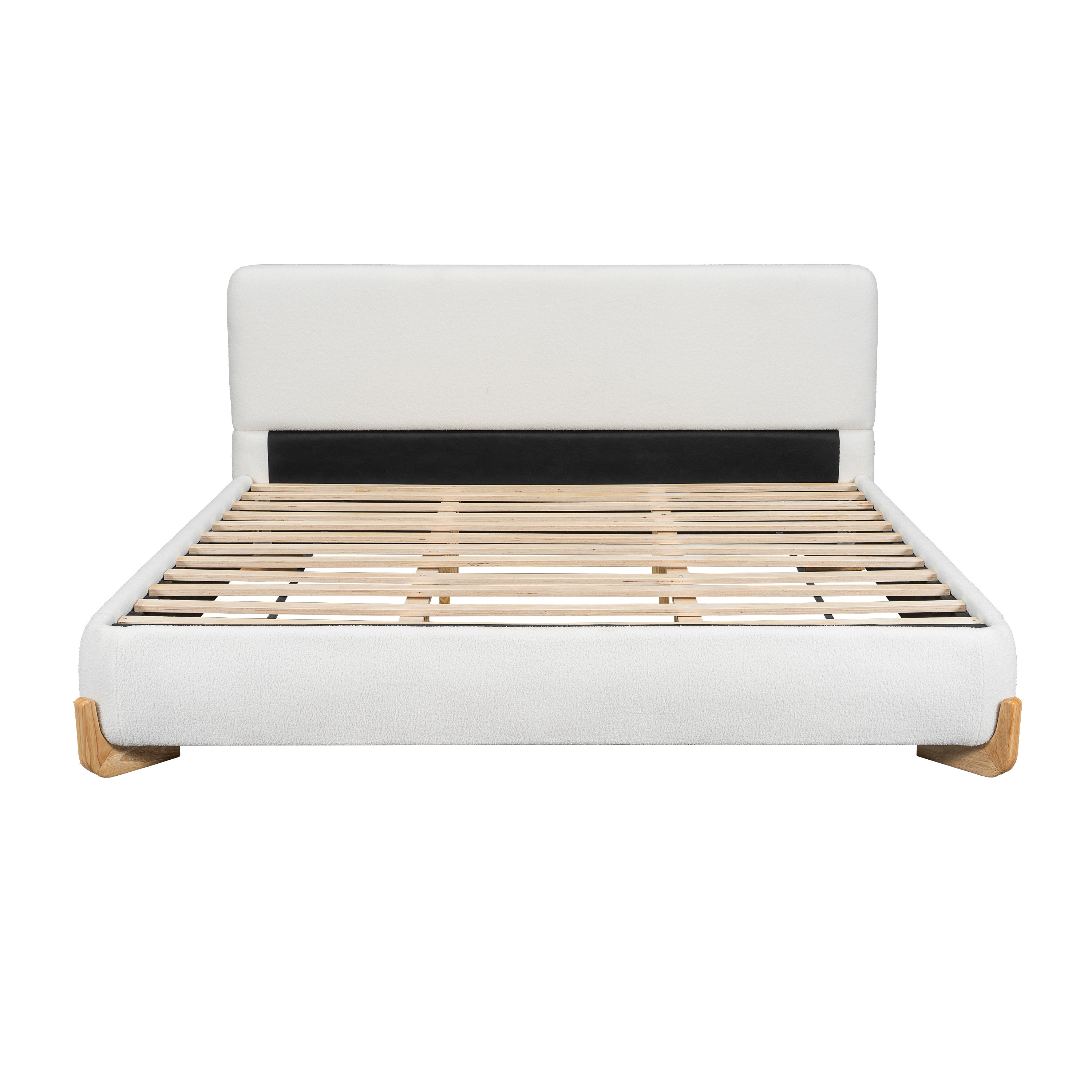 White boucle king bed frame, straight-on front view with bedding