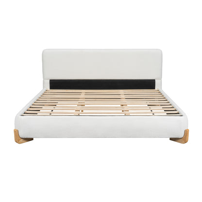 White boucle king bed frame, straight-on front view with bedding