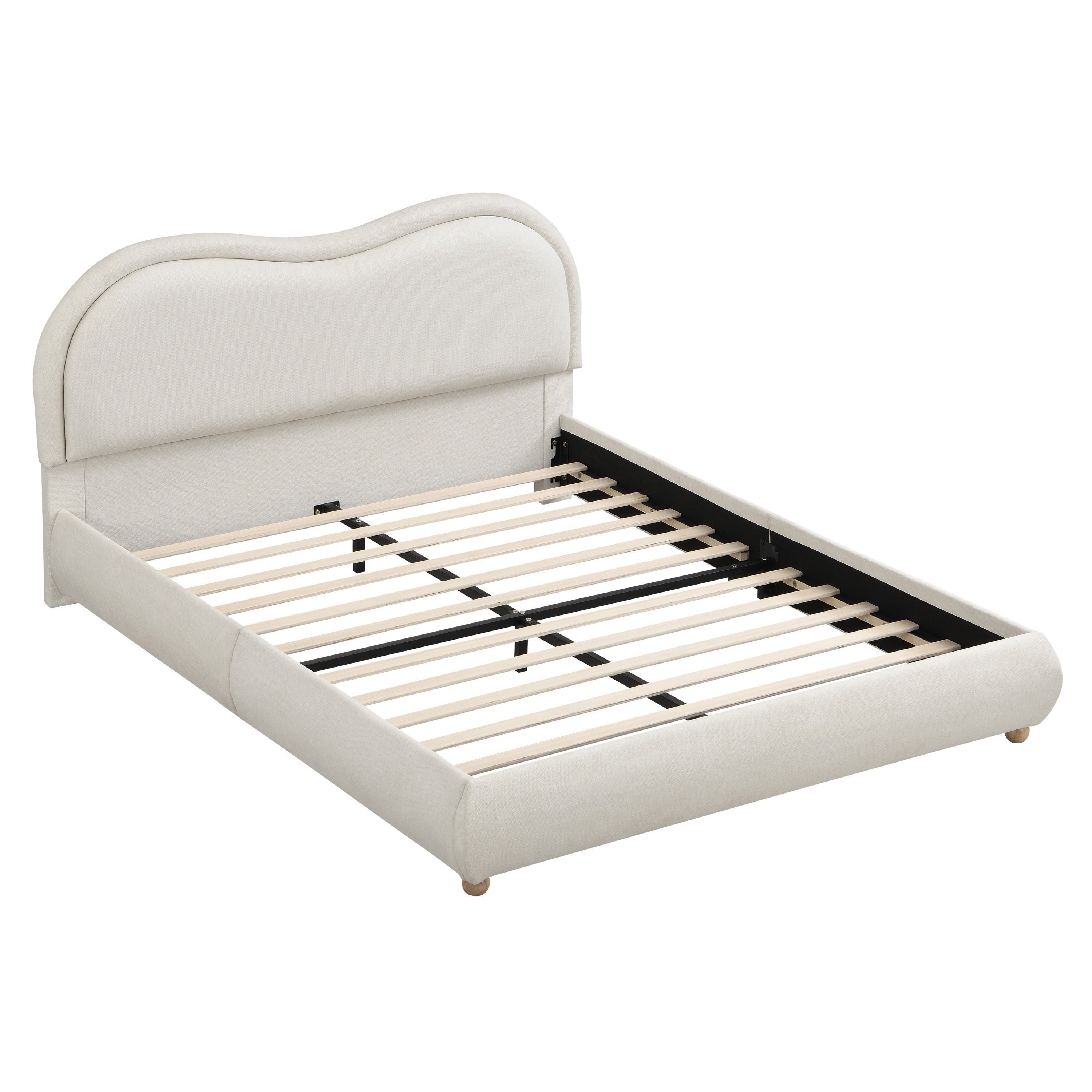 Angled beige chenille platform bed frame with exposed wood slats on white background #Color_Beige