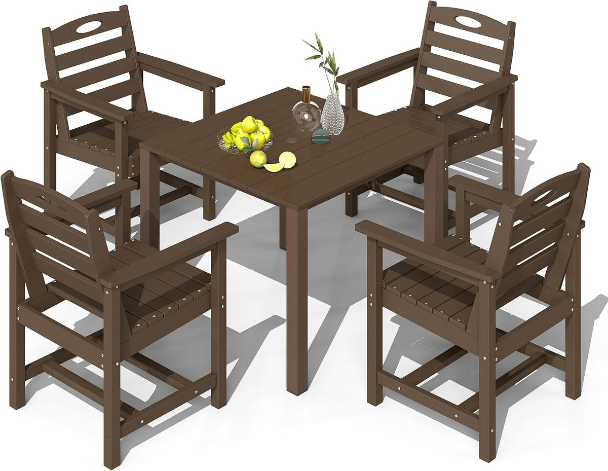 Brown HDPE 5-Piece Patio Dining Set with Umbrella Hole