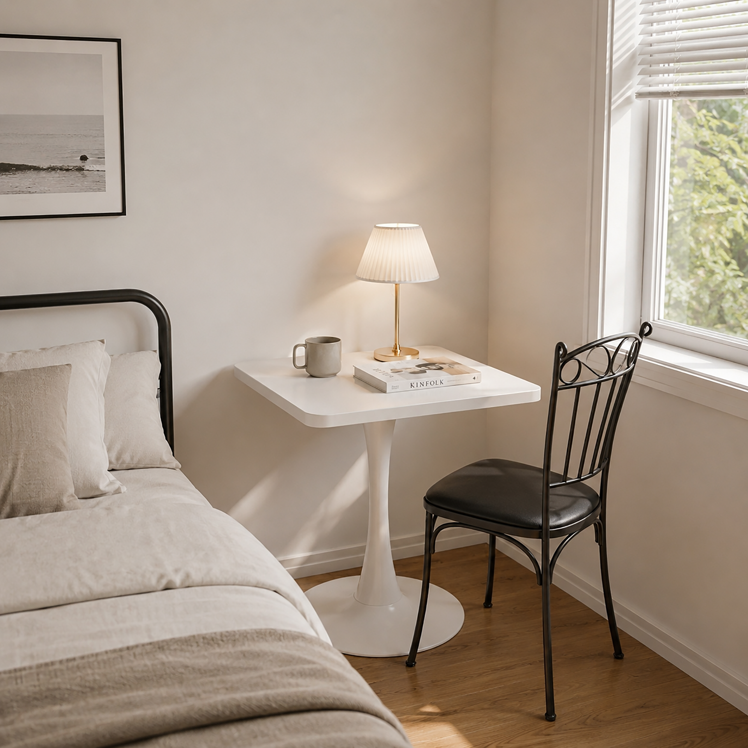 White square tulip table used as a bedside table with a lamp, mug and books beside a bed and black metal chair